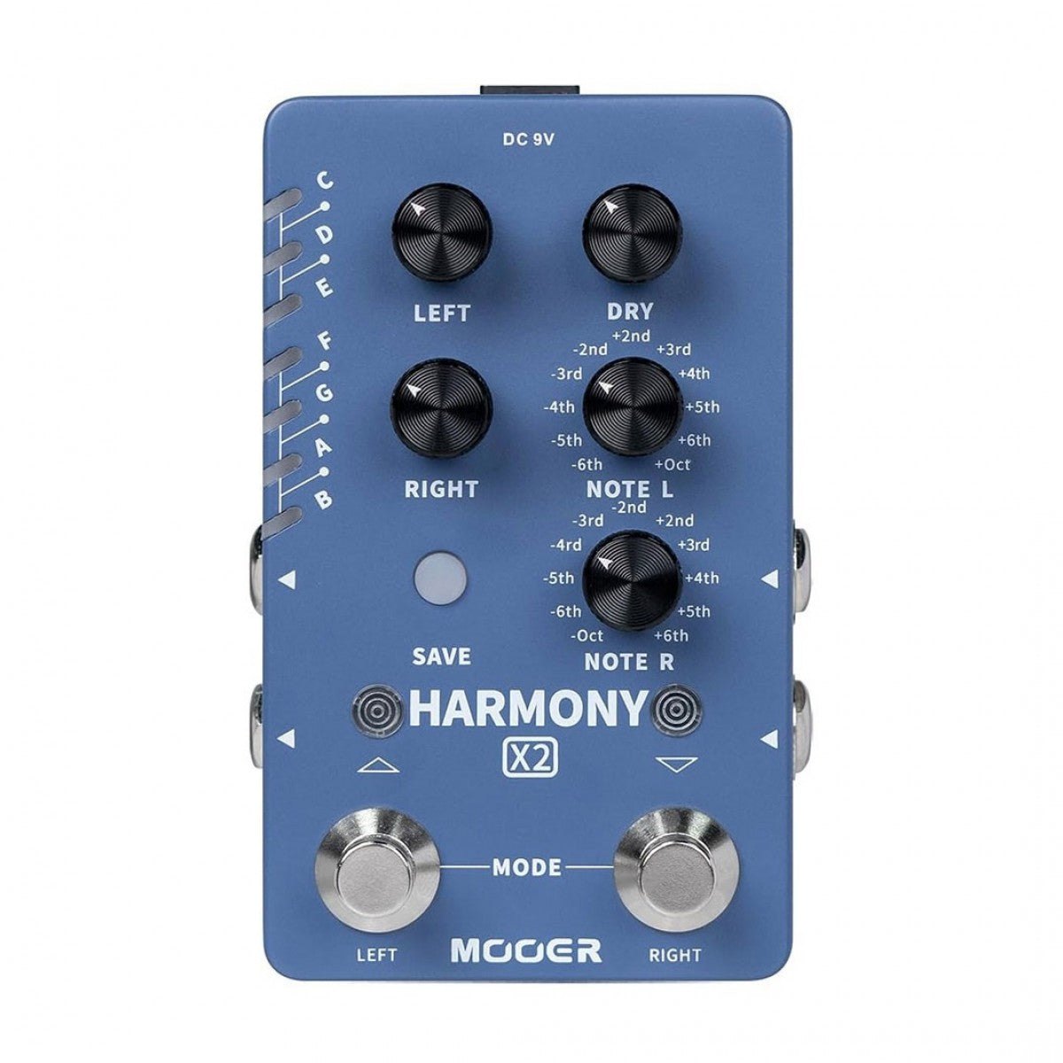 Phơ Pitch Shifter Mooer Harmony X2 – mặt trên với núm LEFT, RIGHT, DRY, NOTE L, NOTE R