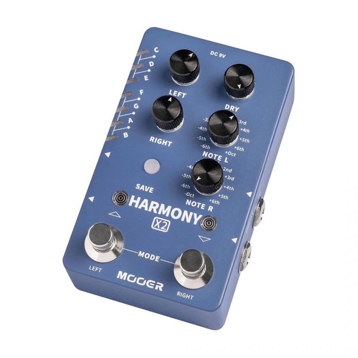 Phơ Pitch Shifter Mooer Harmony X2 – góc nghiêng 3/4, đèn chọn tông C-B và 2 footswitch