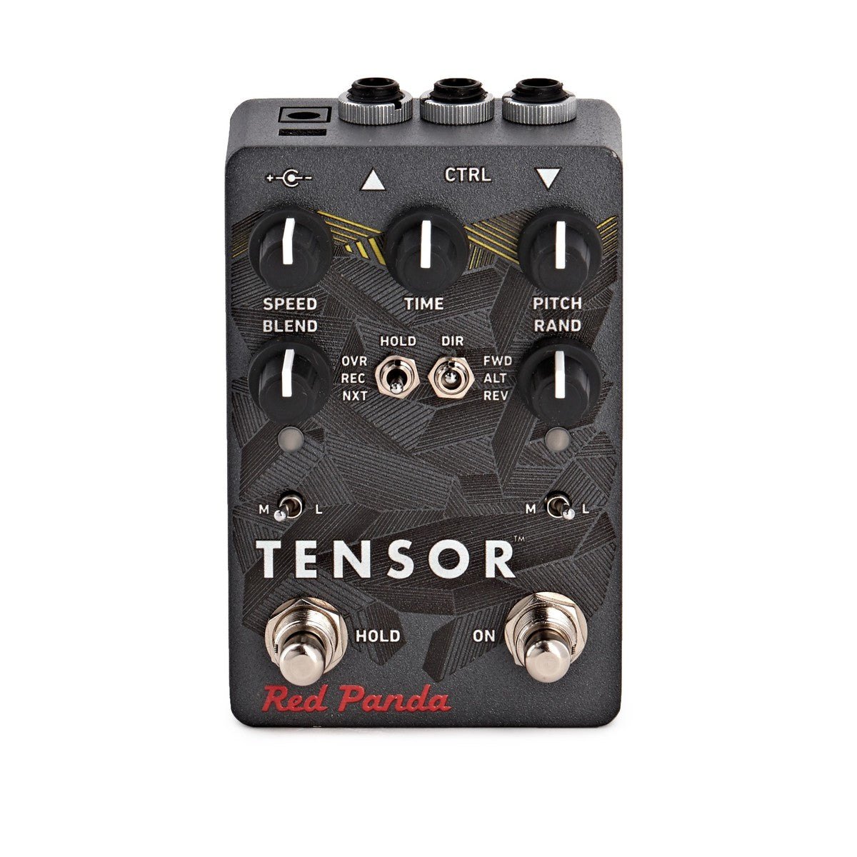 Phơ Pitch Shifter Red Panda Tensor Time Warp – mặt trên với núm SPEED/BLEND, TIME, PITCH/RAND và 2 công tắc chân