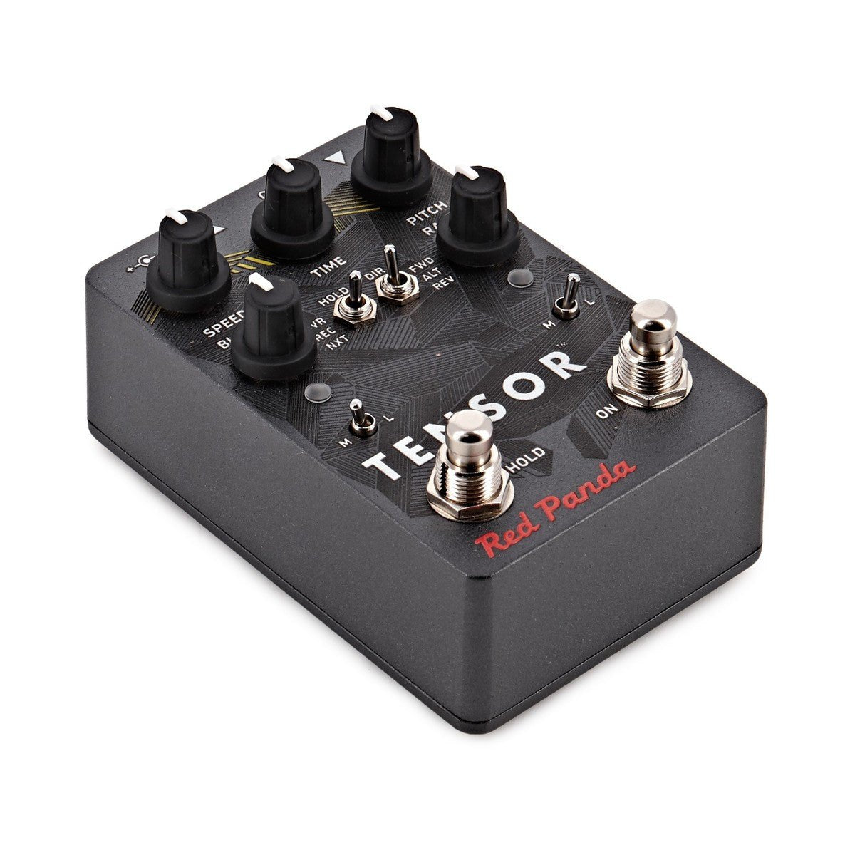 Phơ Pitch Shifter Red Panda Tensor Time Warp – góc nghiêng phải thấy công tắc HOLD, ON và chữ TENSOR