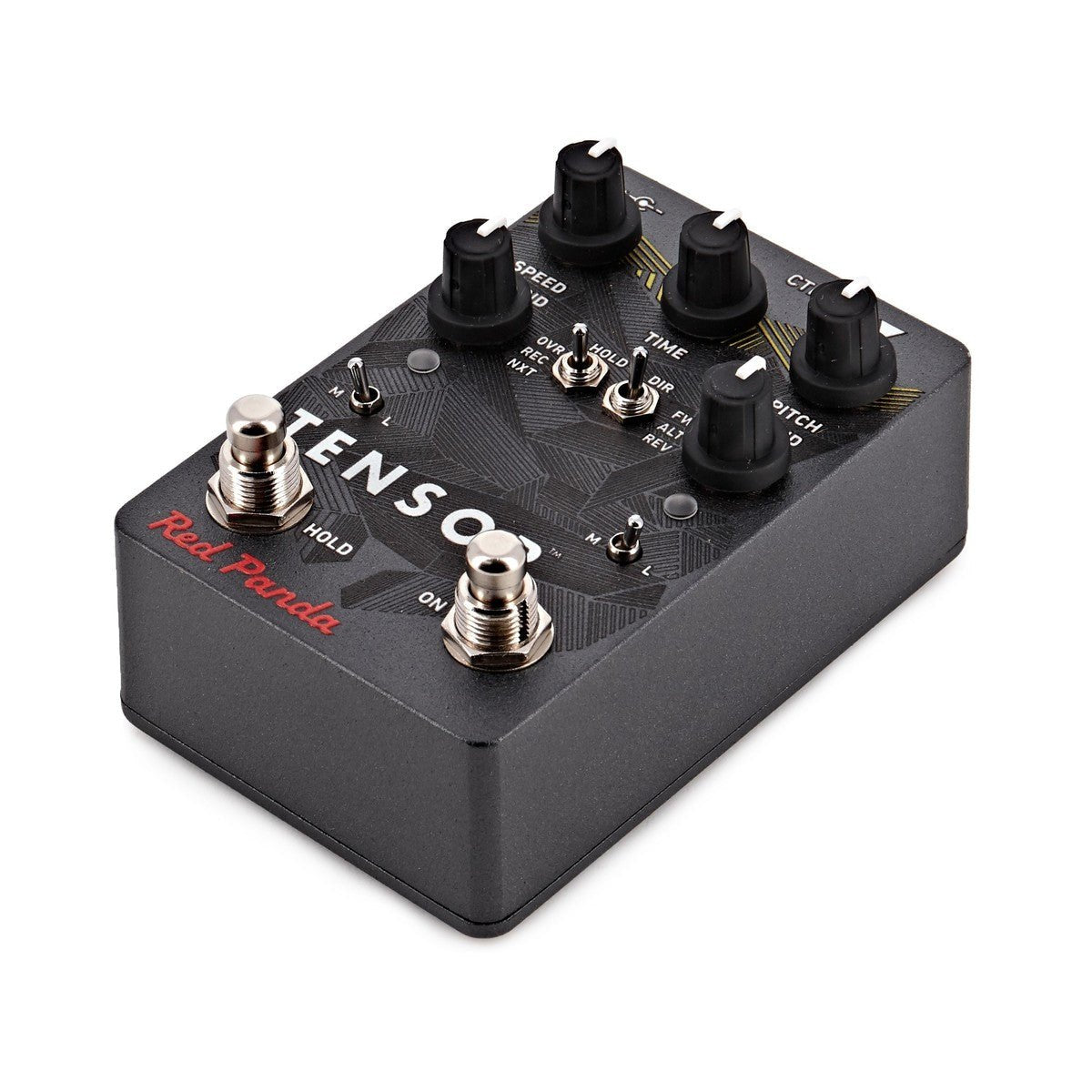 Phơ Pitch Shifter Red Panda Tensor Time Warp – góc nghiêng trái thấy công tắc gạt HOLD/DIR và chữ Red Panda