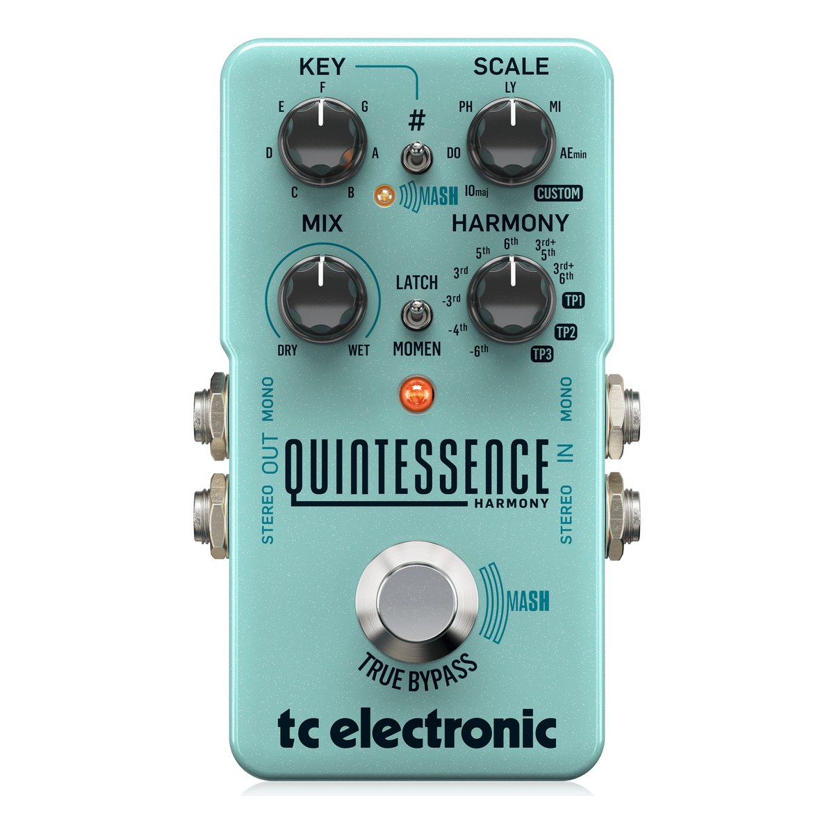 mặt trên TC Electronic Quintessence Harmony với 4 núm KEY, SCALE, MIX, HARMONY, công tắc # và LATCH/MOMEN, footswitch MASH