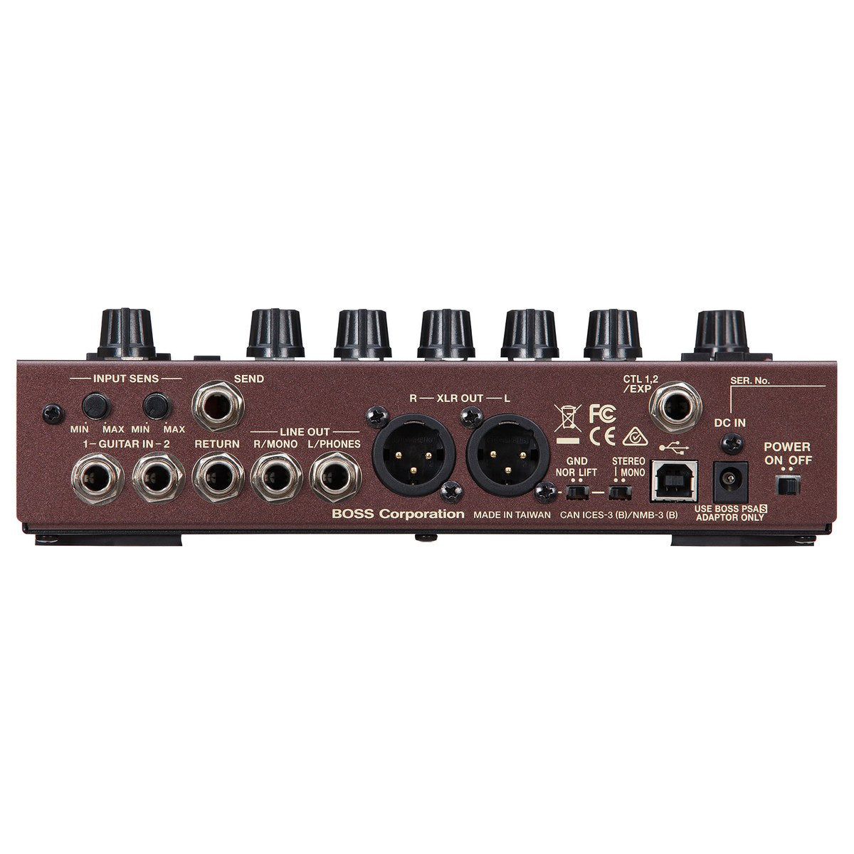 Phơ Preamp Acoustic BOSS AD-10 Acoustic Preamp - mặt sau với cổng XLR, line out và USB