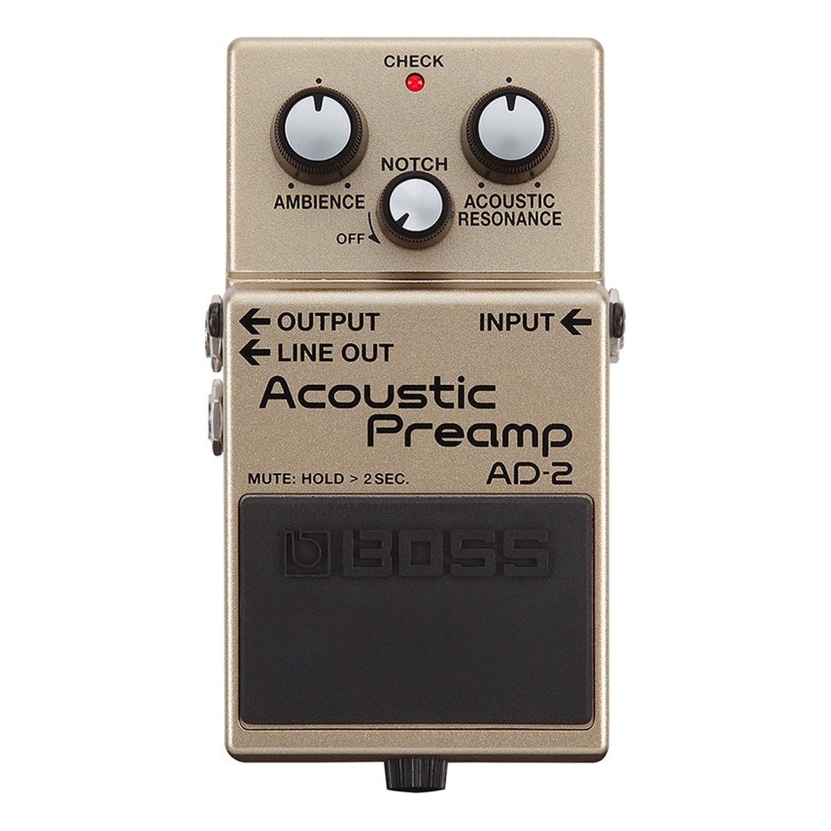 Phơ Preamp Acoustic BOSS AD-2 Acoustic Preamp – mặt trên BOSS AD-2 với ba núm AMBIENCE, NOTCH, ACOUSTIC RESONANCE và đèn CHECK