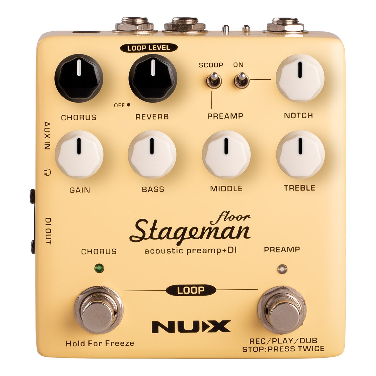 Phơ Preamp Acoustic NUX Stageman Floor NAP-5 – mặt trên NUX Stageman Floor với núm CHORUS, REVERB, NOTCH, GAIN, BASS, MIDDLE, TREBLE và hai công tắc chân