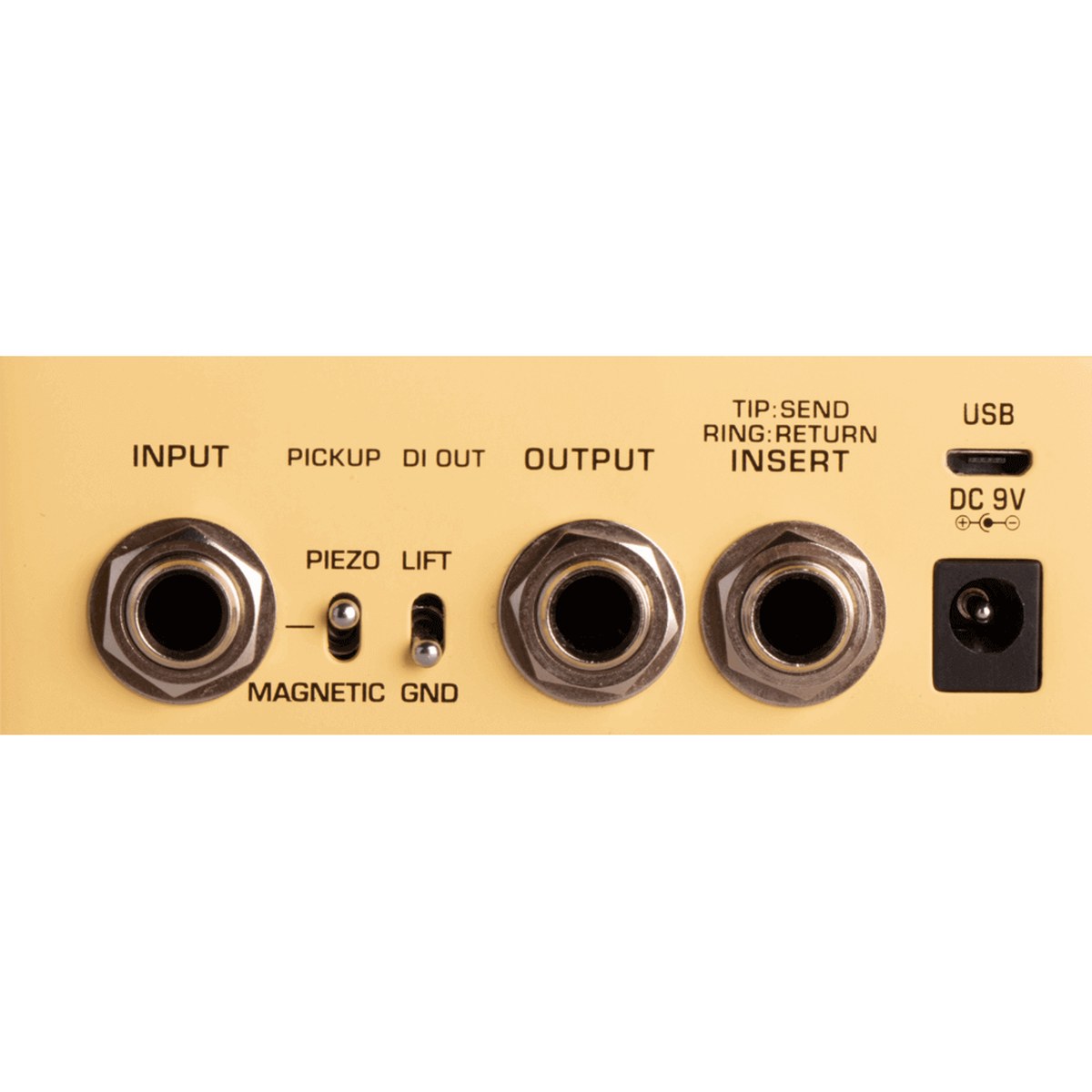Phơ Preamp Acoustic NUX Stageman Floor NAP-5 – cận cảnh hàng cổng INPUT, công tắc PIEZO/MAGNETIC, LIFT/GND, OUTPUT, INSERT, USB và DC 9V