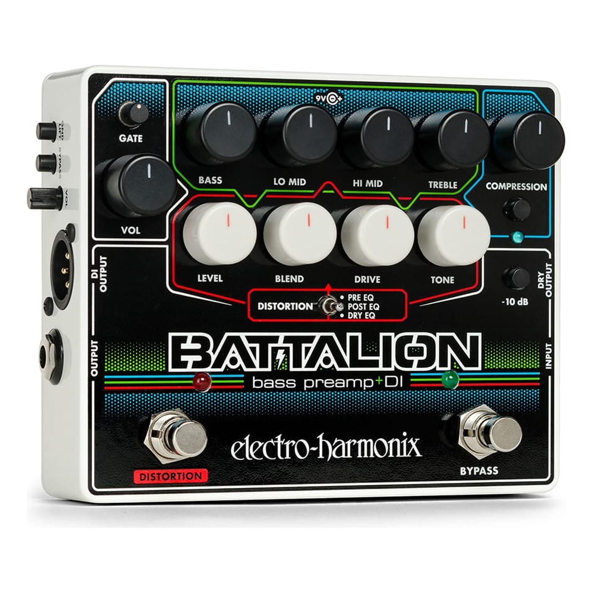 Phơ Preamp Bass Electro-Harmonix Battalion Bass Preamp & DI – Battalion nhìn chéo mặt trên với EQ 4 băng, khu distortion và compressor