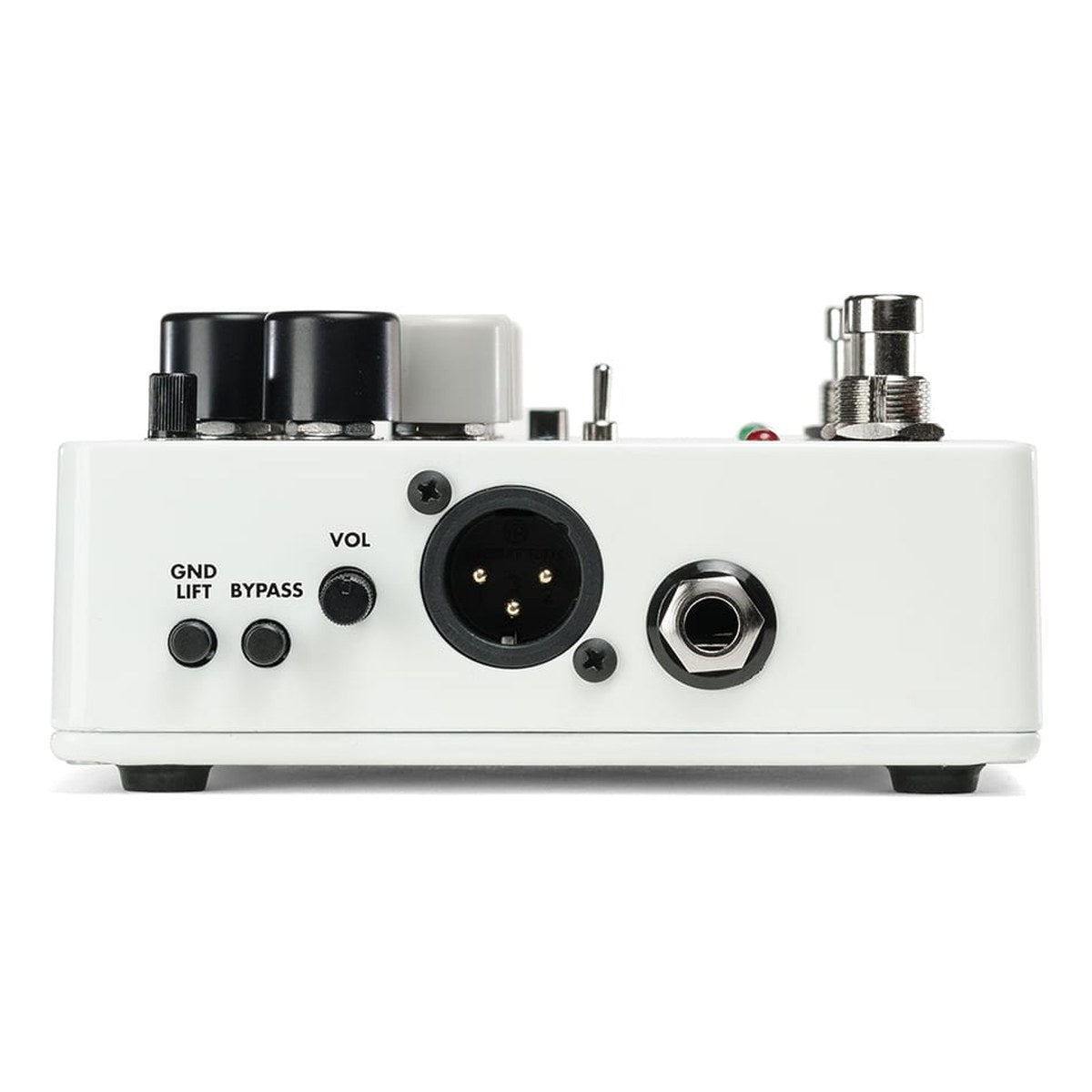 Phơ Preamp Bass Electro-Harmonix Battalion Bass Preamp & DI – Cạnh bên với cổng XLR, núm XLR VOL, nút GND LIFT, BYPASS và jack 6.3mm