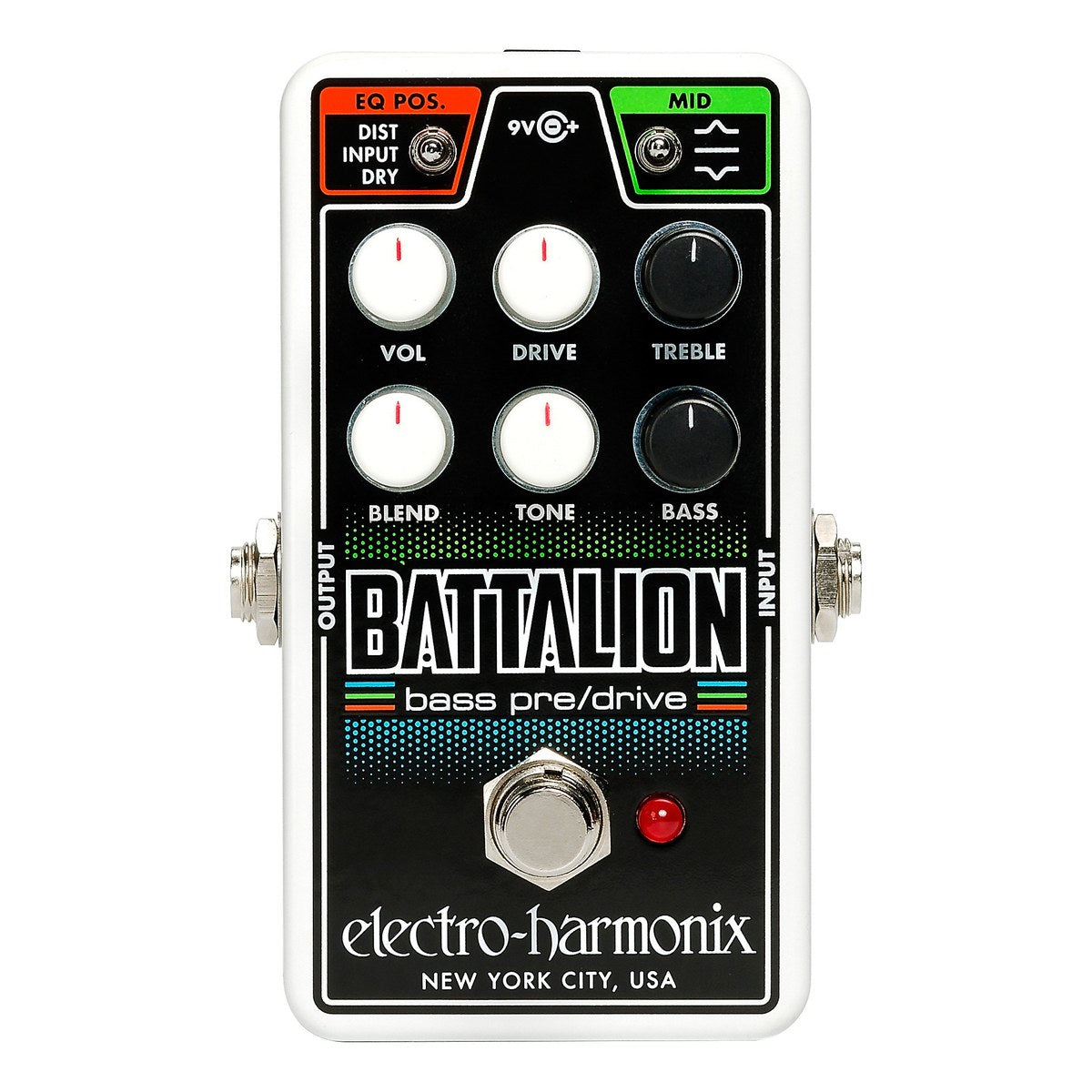 Phơ Preamp Bass Electro-Harmonix Nano Battalion – mặt trên Nano Battalion nền trắng với 6 núm, công tắc EQ POS và MID