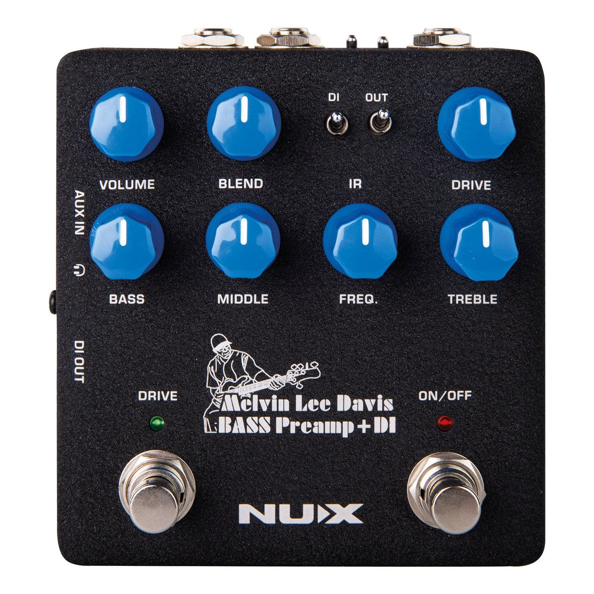 Phơ Preamp Bass NUX MLD Bass Preamp + DI NBP-5 – NUX MLD Bass Preamp + DI NBP-5 mặt trên: 8 núm, công tắc IR DI/OUT, hai footswitch DRIVE và ON/OFF