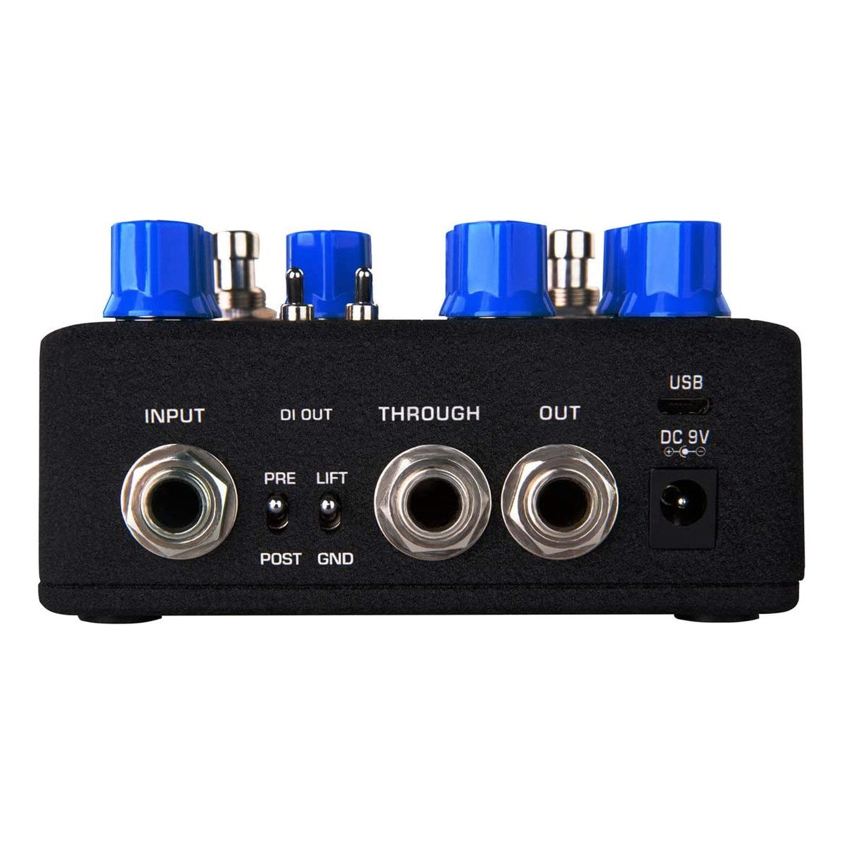 Phơ Preamp Bass NUX MLD Bass Preamp + DI NBP-5 – Đầu pedal: jack INPUT, công tắc PRE/POST và GND/LIFT, jack THROUGH, OUT, cổng USB và DC 9V