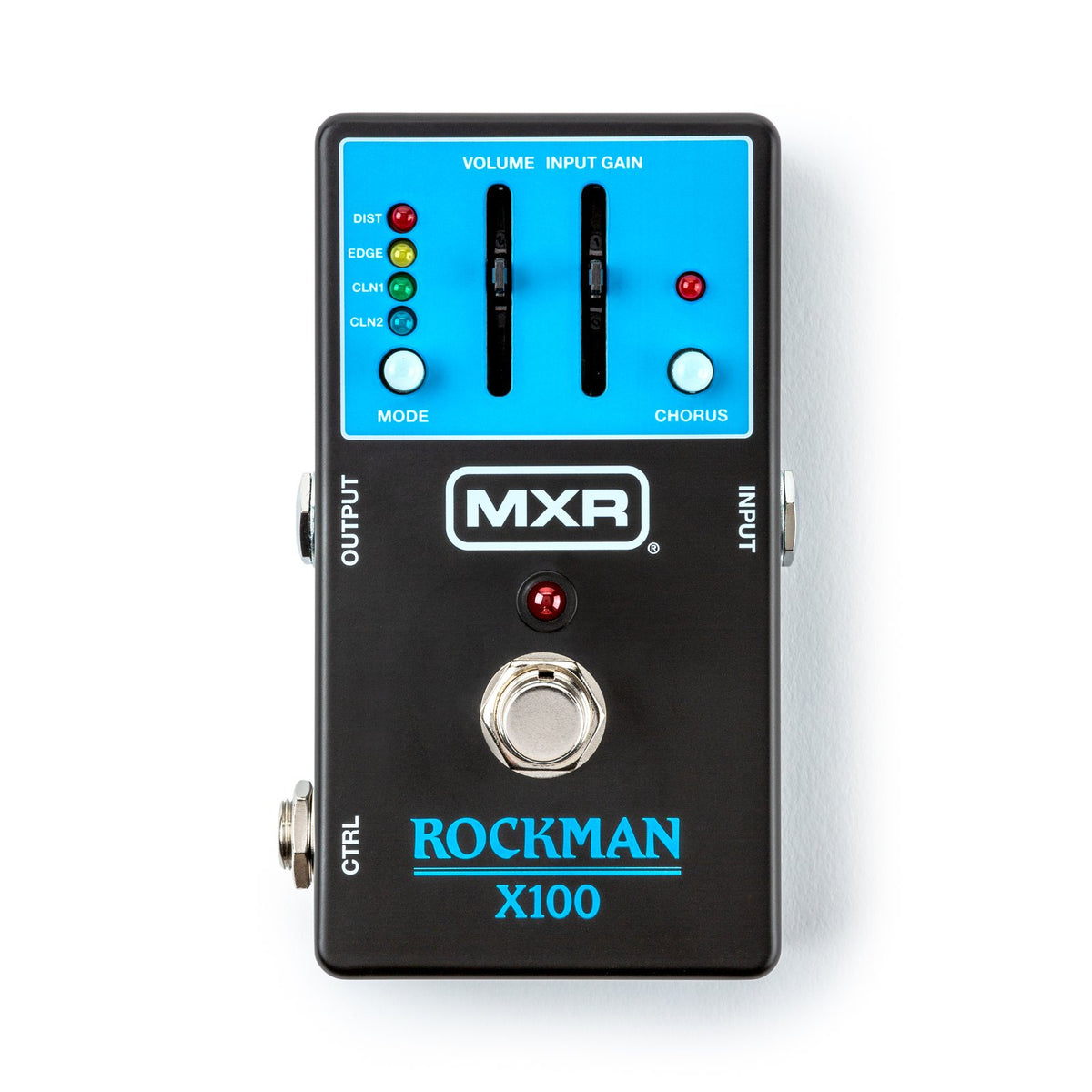 Phơ Preamp MXR Rockman X100 Analog Tone Processor – mặt trên nhìn thẳng, bảng xanh với 4 đèn DIST, EDGE, CLN1, CLN2 và chữ ROCKMAN X100