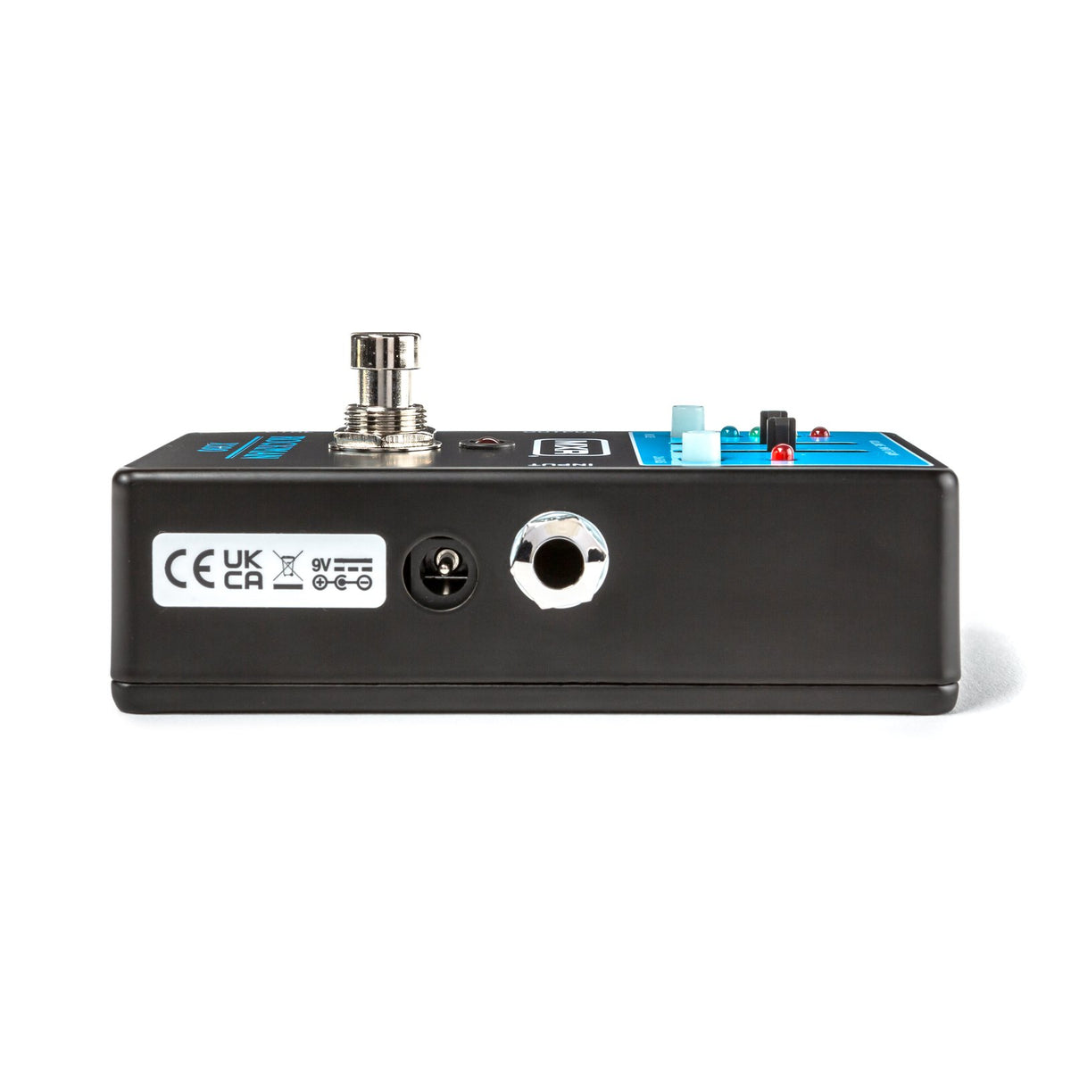 Phơ Preamp MXR Rockman X100 Analog Tone Processor – cạnh phải nhìn ngang, cổng vào INPUT cạnh jack nguồn 9V và tem chứng nhận