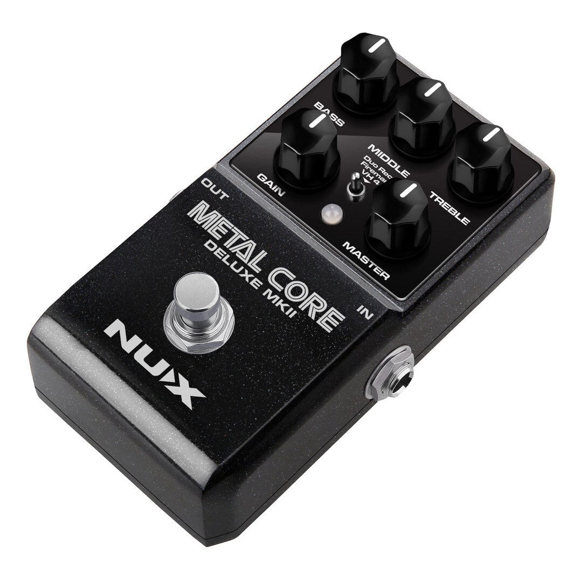 Phơ Preamp NUX Metal Core Deluxe MKII – Góc nghiêng thấy mặt trên, footswitch và jack một bên