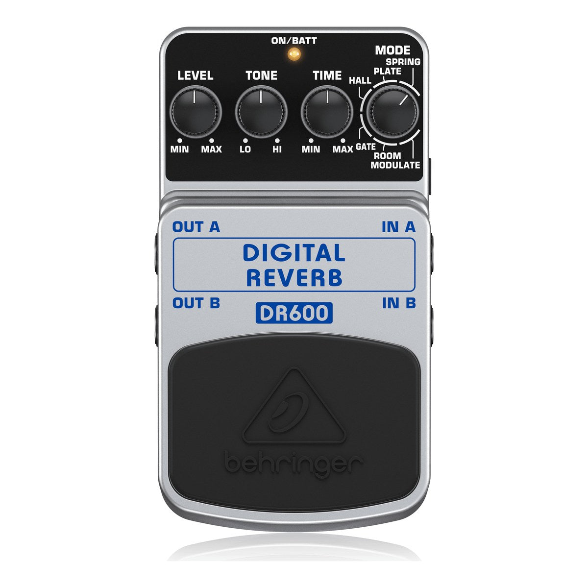 Behringer DR600 Digital Reverb nhìn chính diện mặt trên: núm LEVEL, TONE, TIME, MODE và đèn ON/BATT