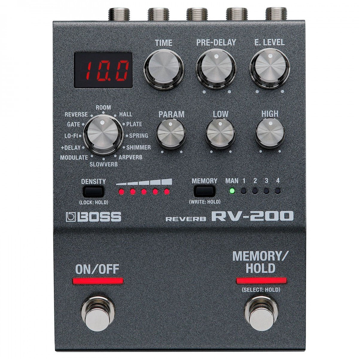 Phơ Reverb BOSS RV-200 – mặt trên với màn hình, núm TIME, PRE-DELAY, E.LEVEL, PARAM, LOW, HIGH
