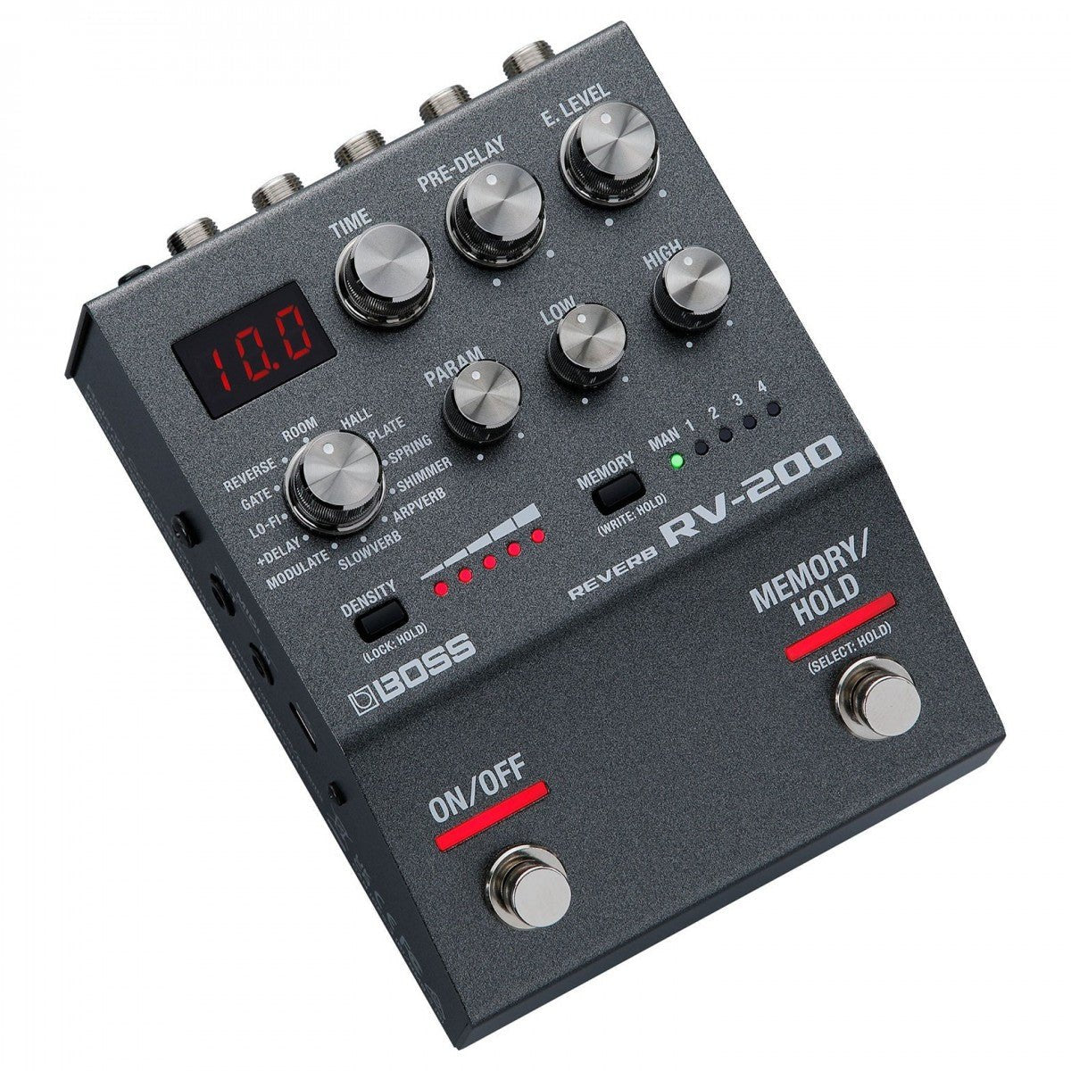 Phơ Reverb BOSS RV-200 – góc nghiêng 3/4 thấy màn hình LED, các núm chỉnh và hai footswitch