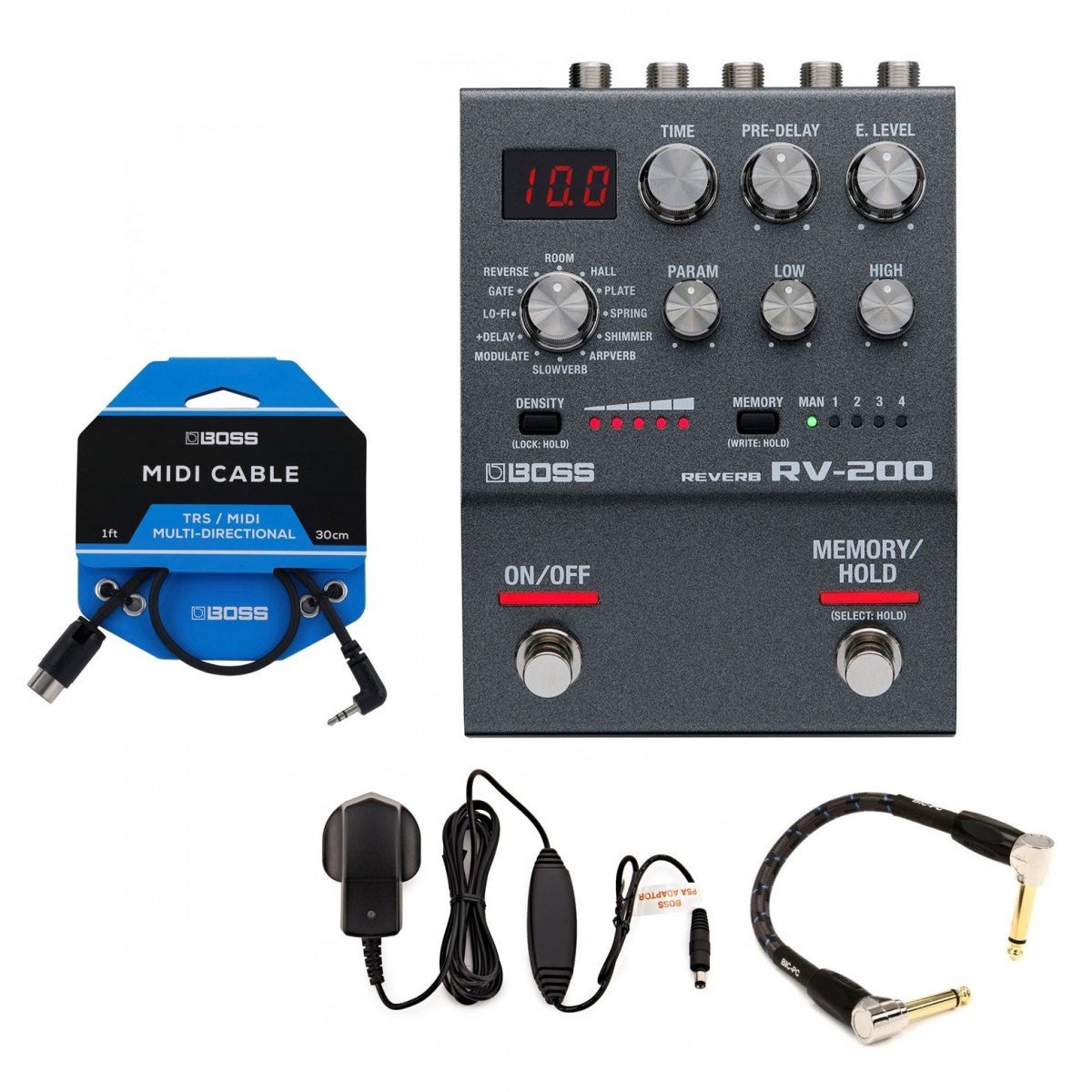 Phơ Reverb BOSS RV-200 Pack Kèm Nguồn Và Cáp – trọn bộ gồm pedal RV-200, cáp MIDI TRS 30cm, adapter PSA và dây patch BIC-PC