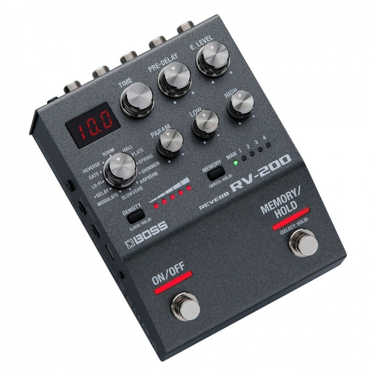 Phơ Reverb BOSS RV-200 Pack Kèm Nguồn Và Cáp – pedal RV-200 nhìn nghiêng 3/4 với màn hình LED và hai footswitch