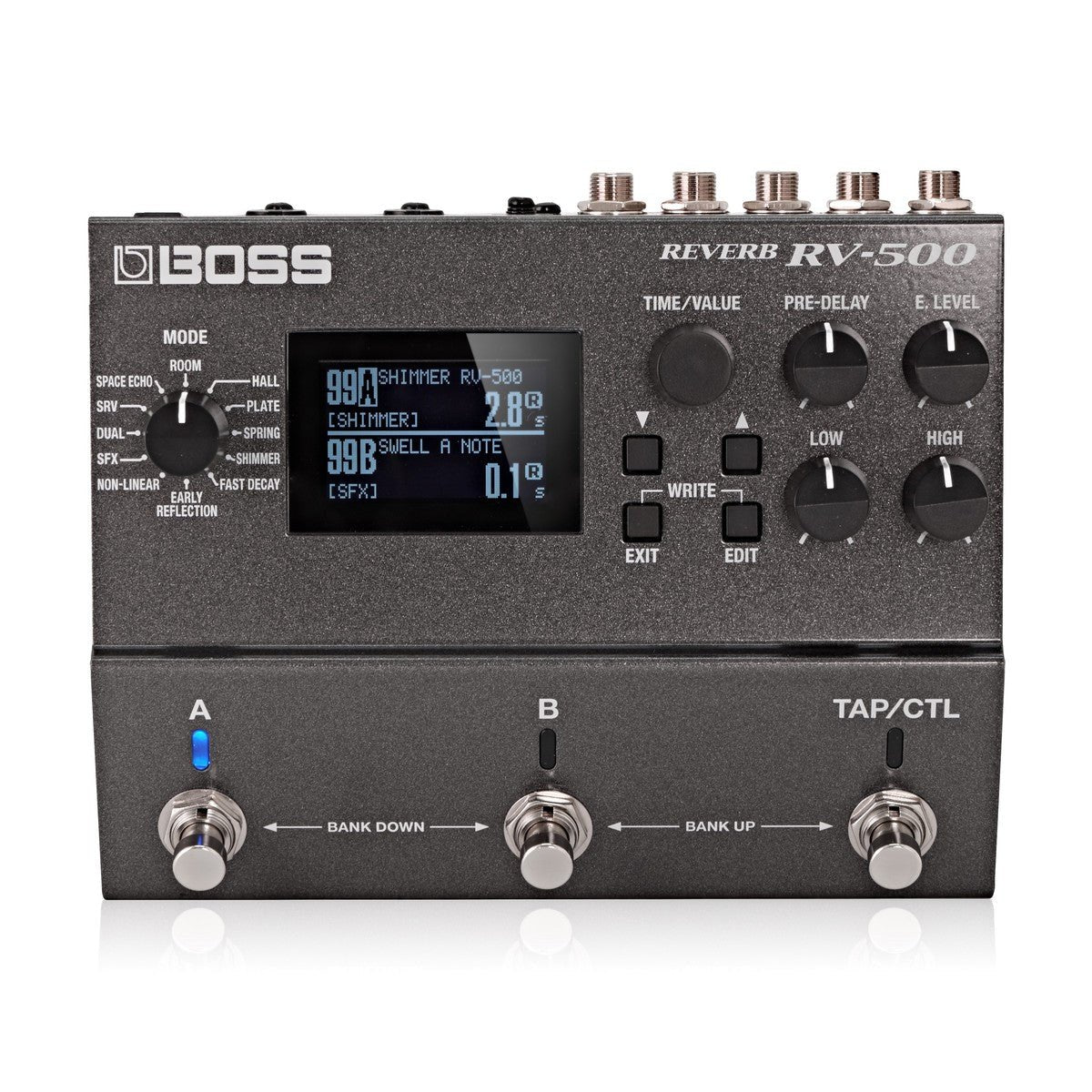 Phơ Reverb BOSS RV-500 – mặt trên với màn hình, núm MODE, TIME/VALUE và 3 footswitch A, B, TAP/CTL