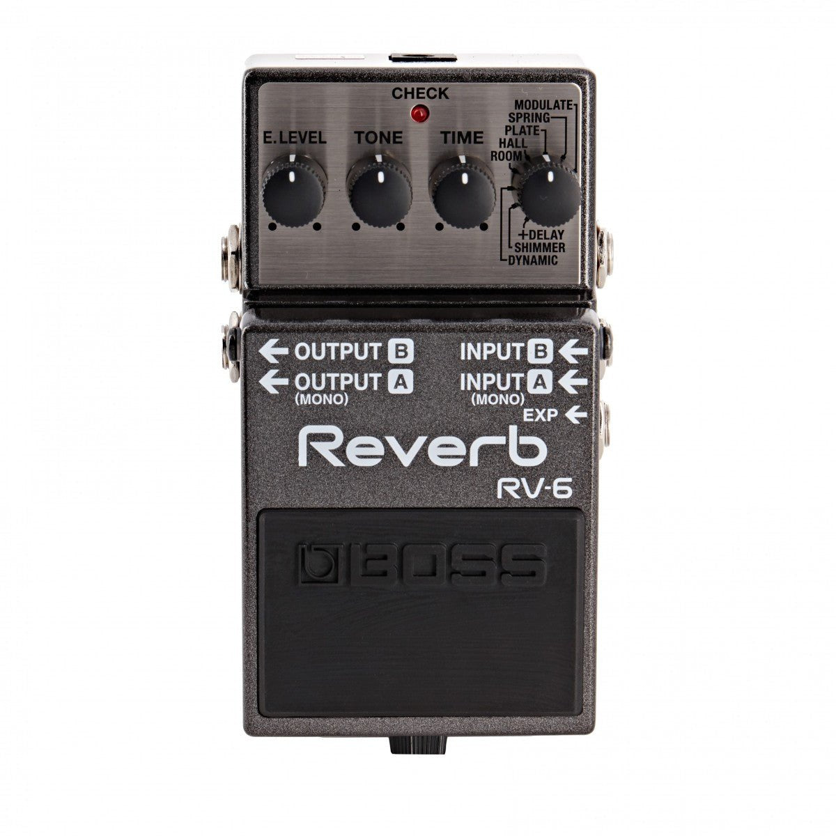 Phơ Reverb BOSS RV-6 – mặt trên với núm E.LEVEL, TONE, TIME và núm chọn chế độ
