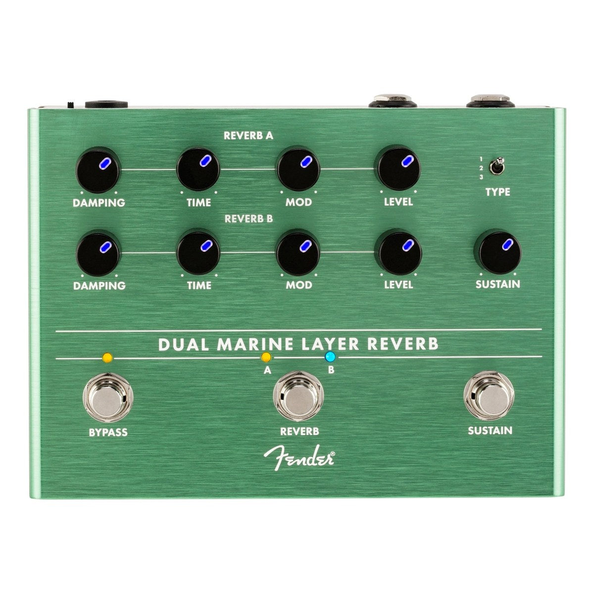 Mặt trên Fender Dual Marine Layer Reverb với hai hàng núm REVERB A, REVERB B và ba footswitch