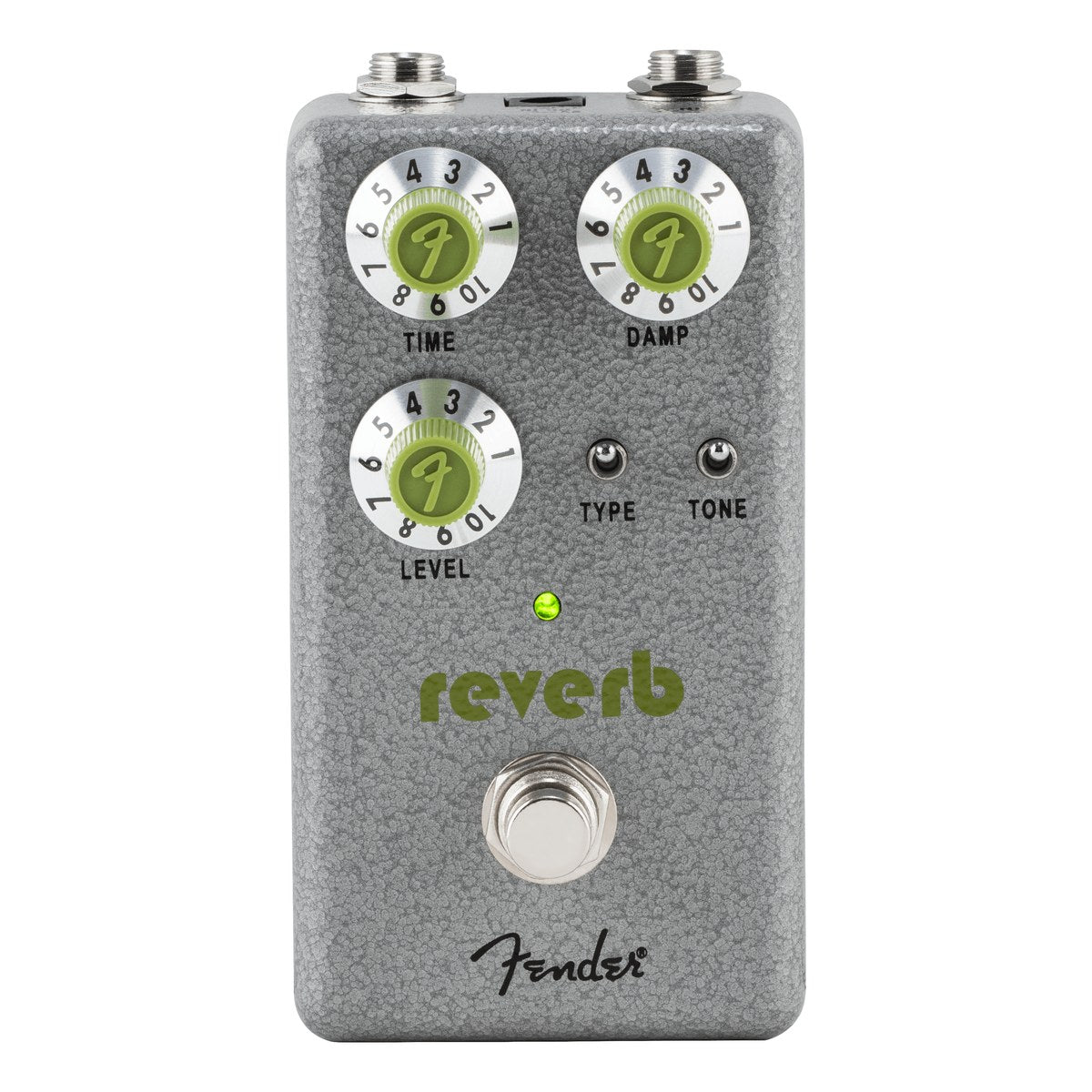 Fender Hammertone Reverb chính diện: vỏ sơn vân búa xám, 3 núm xanh lá Time, Damp, Level và 2 công tắc Type, Tone