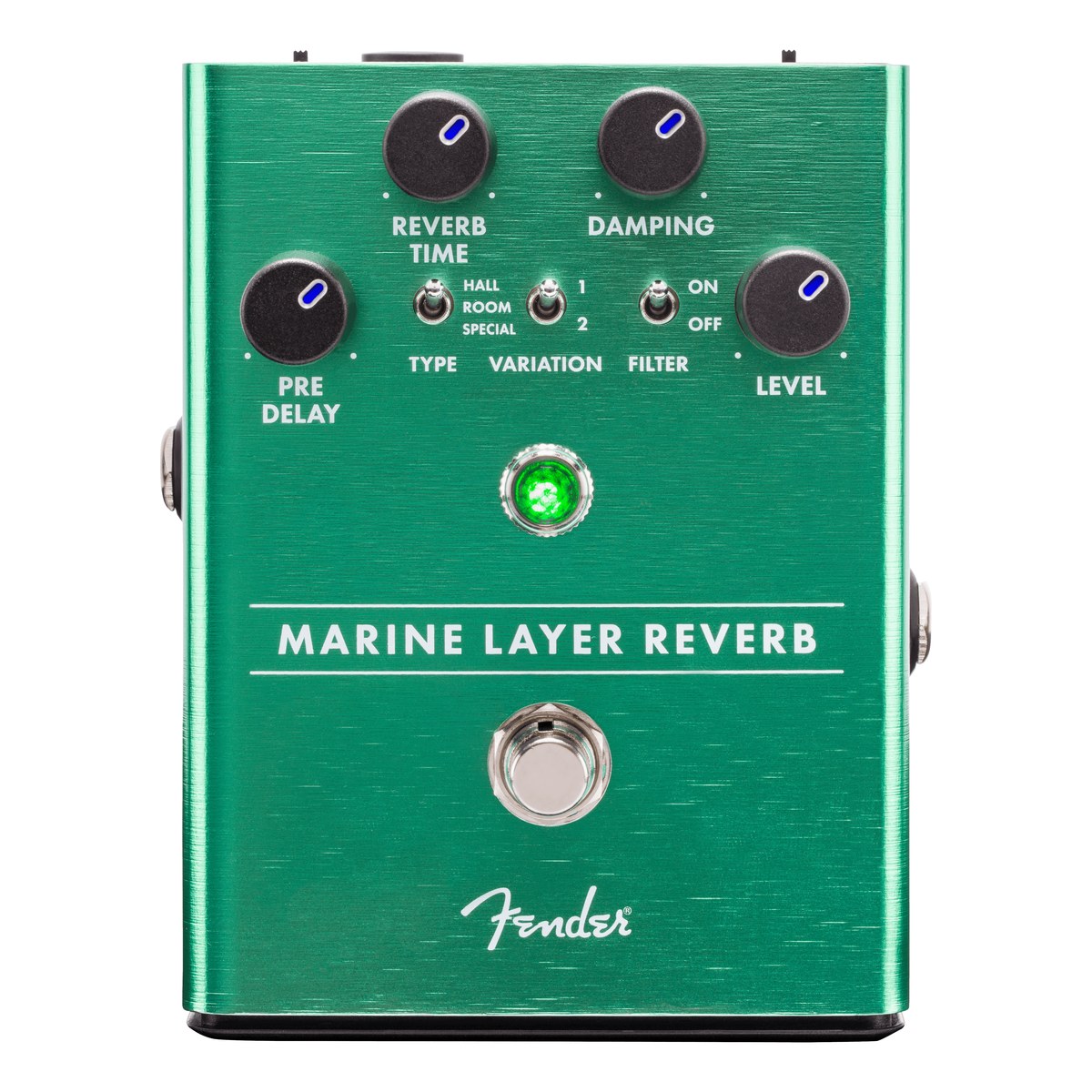 Mặt trên Fender Marine Layer Reverb với núm REVERB TIME, DAMPING, PRE DELAY, LEVEL, công tắc TYPE, VARIATION, FILTER và đèn Amp Jewel