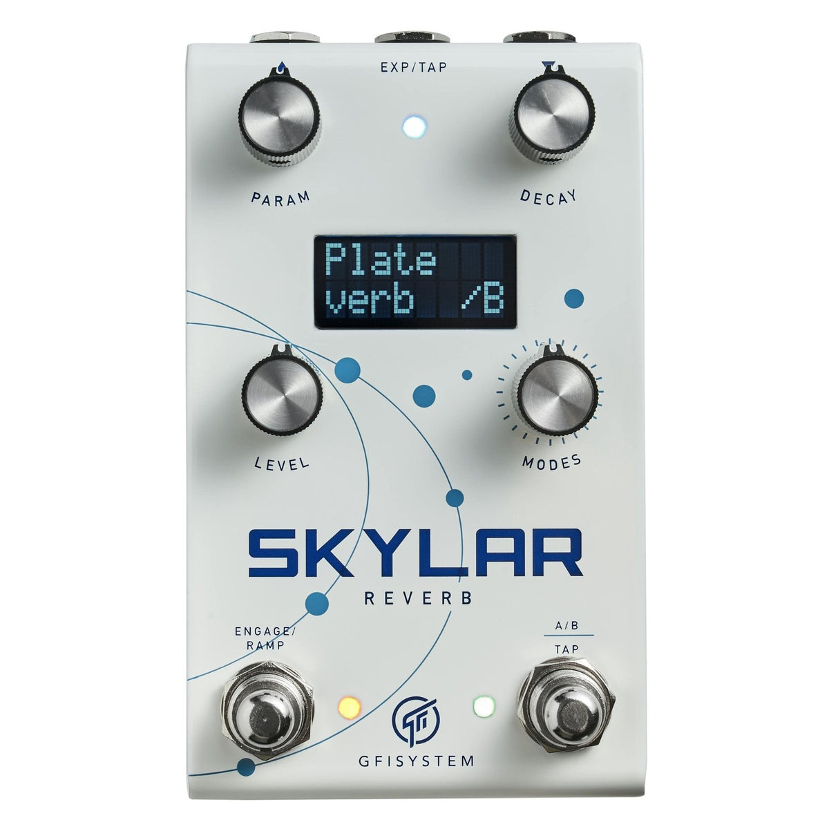 Phơ Reverb GFI System Skylar – mặt trên với màn hình, 4 núm PARAM, DECAY, LEVEL, MODES