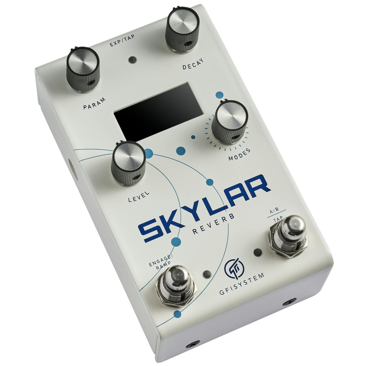 Phơ Reverb GFI System Skylar – góc nghiêng 3/4, thân trắng với chữ SKYLAR REVERB