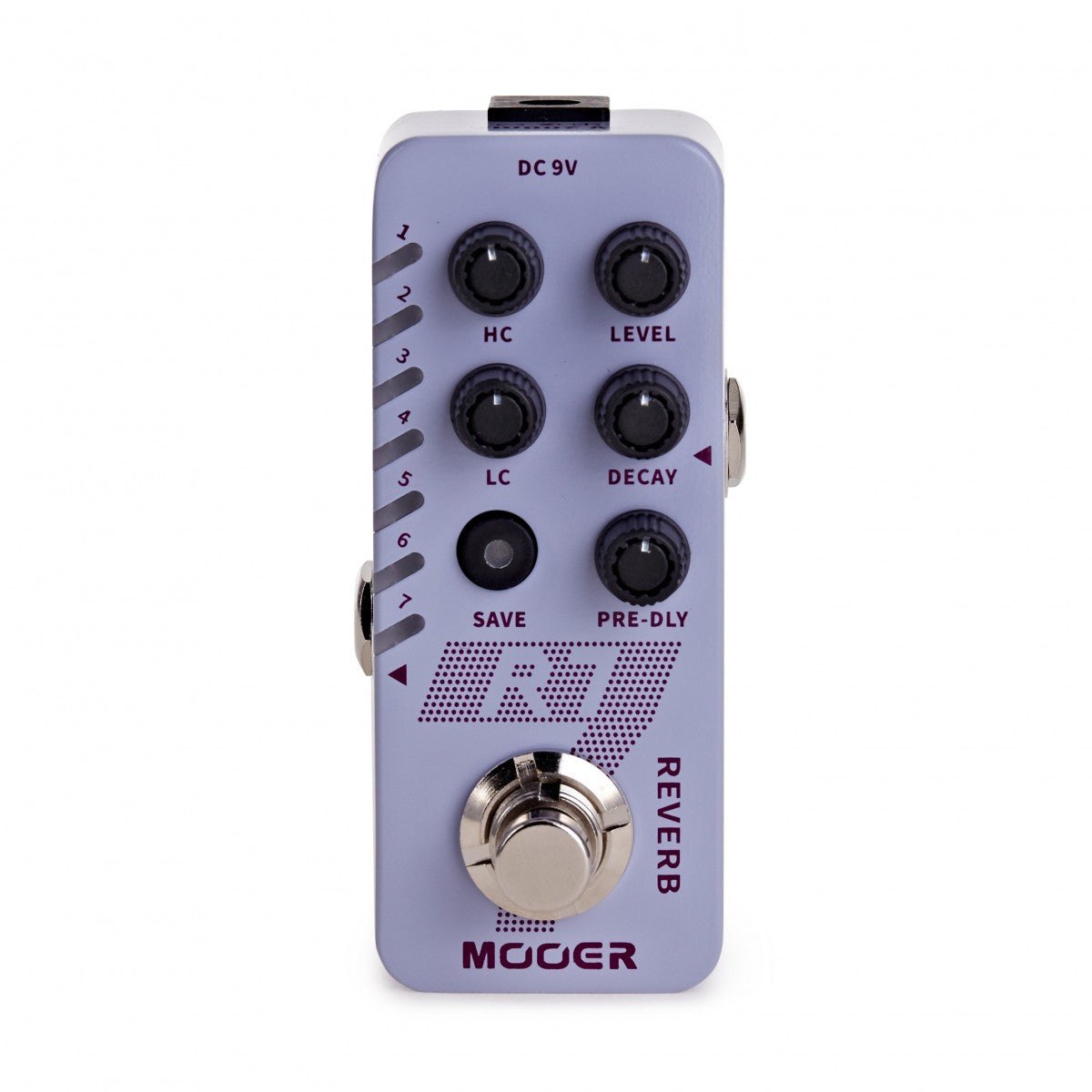 Phơ Reverb Mooer R7 – mặt trên với các núm DECAY, PRE-DLY, LEVEL và nút SAVE