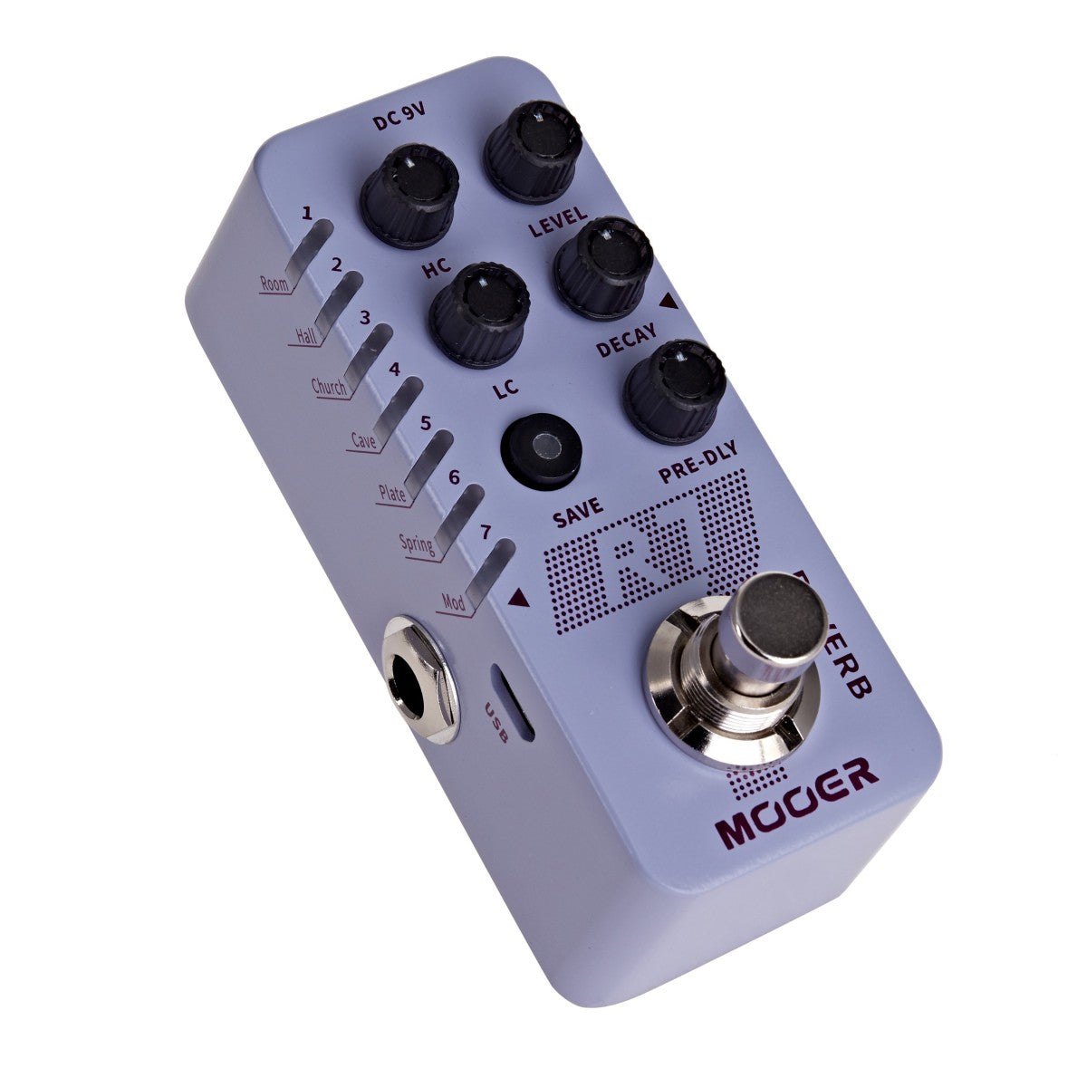 Phơ Reverb Mooer R7 – góc nghiêng 3/4 bên trái, tên các kiểu reverb in dọc cạnh