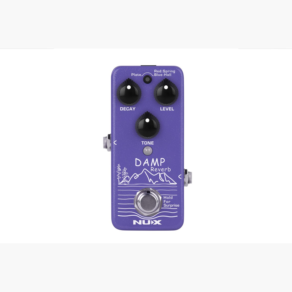 Phơ Reverb NUX Damp Reverb NRV-3 – Mặt trên NUX Damp Reverb NRV-3 với núm DECAY, LEVEL, TONE và nút TAP chọn kiểu reverb