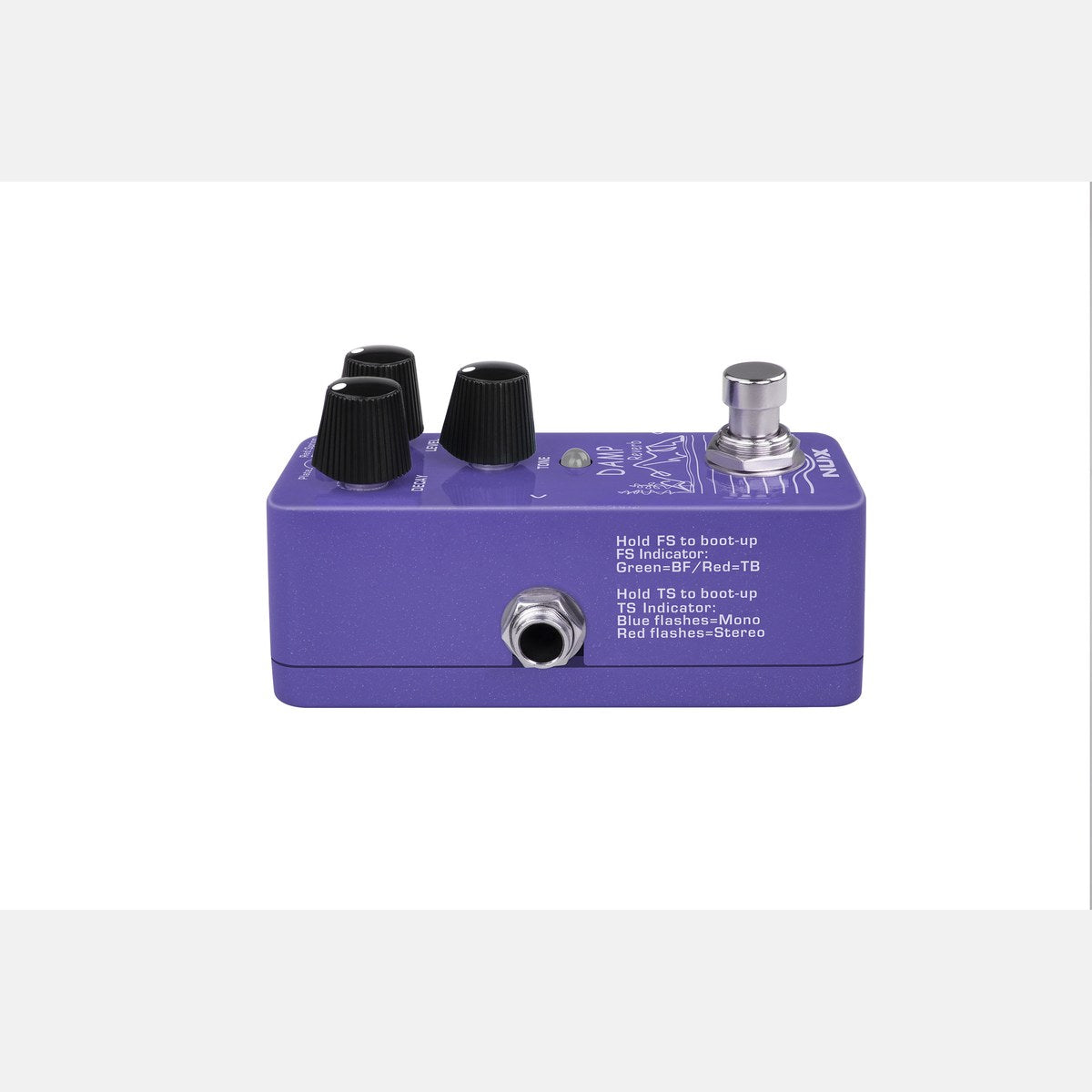 Phơ Reverb NUX Damp Reverb NRV-3 – Cạnh bên NUX Damp Reverb NRV-3 có jack 6.35 mm và hướng dẫn chọn bypass, mono/stereo in trên vỏ