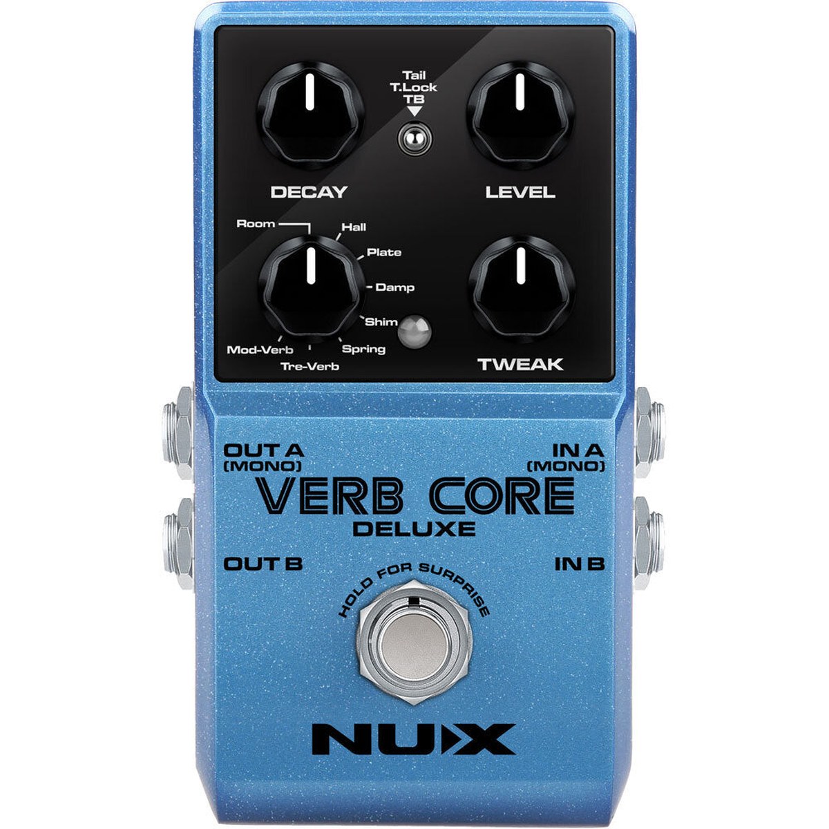 Phơ Reverb NUX Verb Core Deluxe – NUX Verb Core Deluxe mặt trên: núm DECAY, LEVEL, REVERB TYPE, TWEAK và công tắc Tail / T.Lock / TB