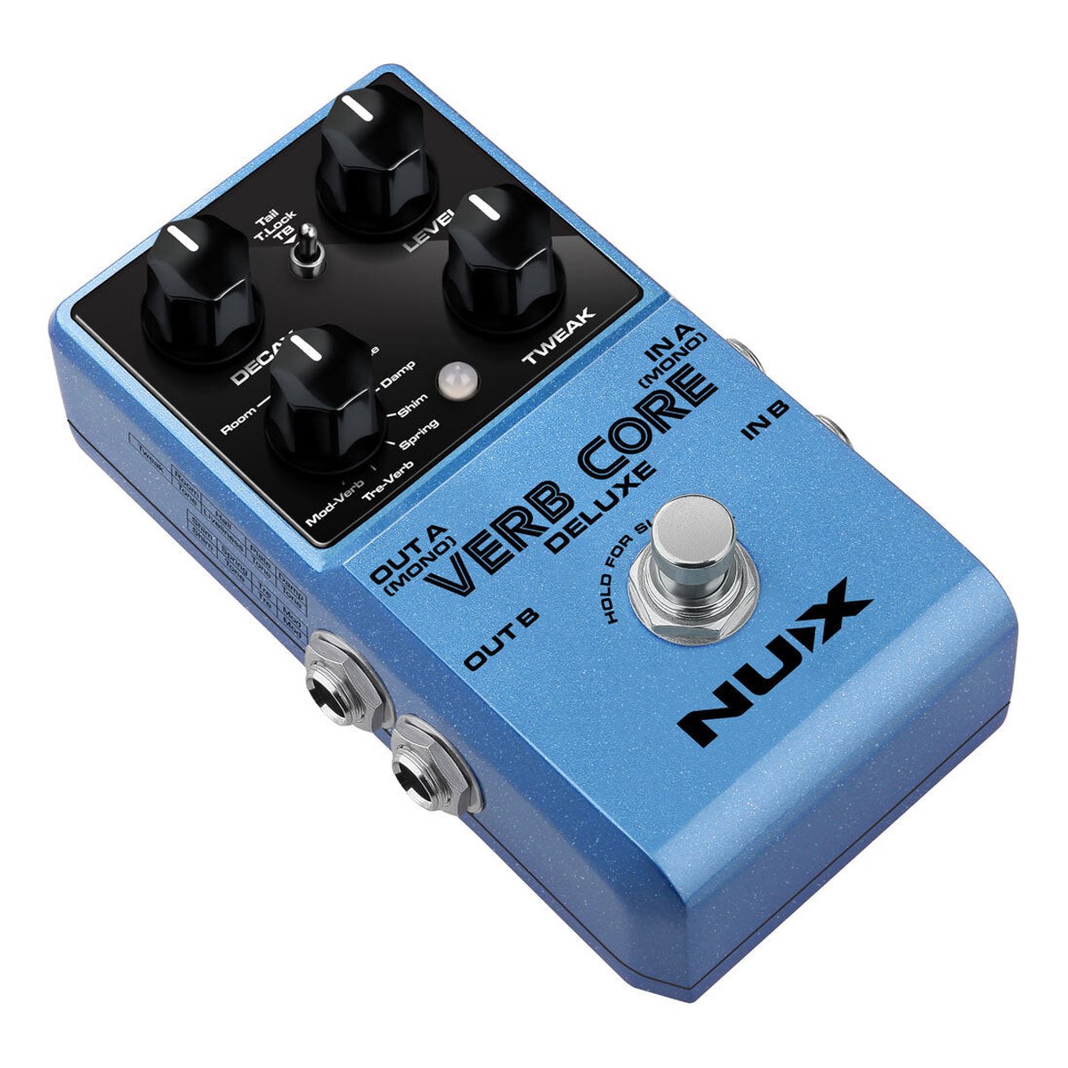 Phơ Reverb NUX Verb Core Deluxe – Góc nghiêng thấy mặt trên, footswitch và cặp jack OUT A / OUT B