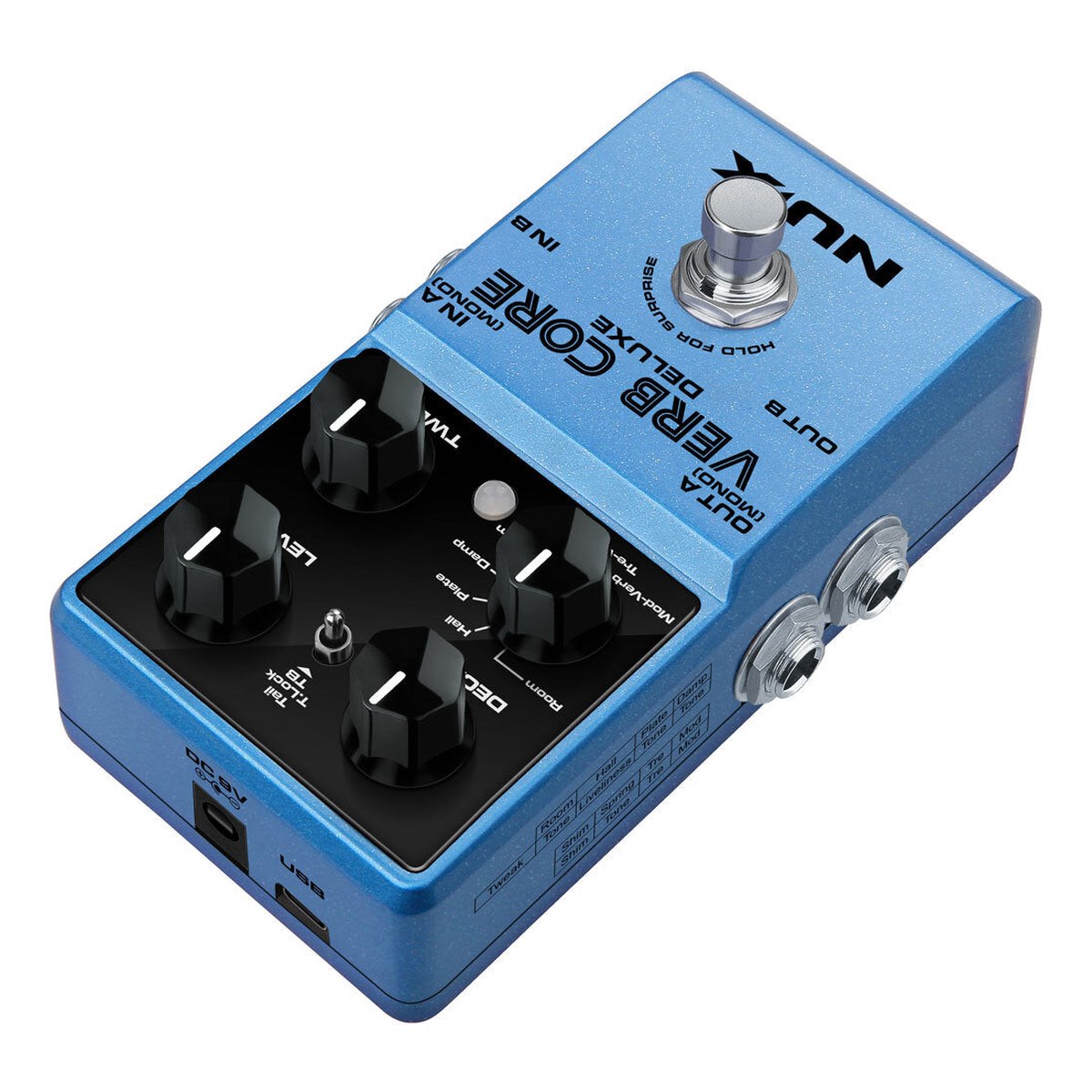 Phơ Reverb NUX Verb Core Deluxe – Đầu pedal với jack nguồn DC 9V và cổng USB-C