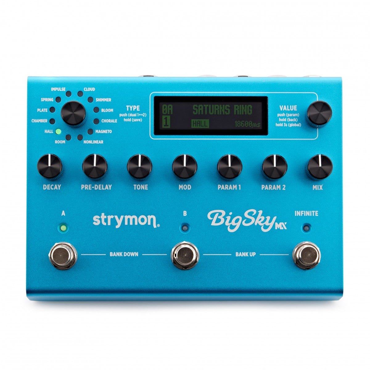 Phơ Reverb Strymon BigSky MX – mặt trên với màn OLED, núm TYPE, VALUE, 7 núm chỉnh và 3 footswitch