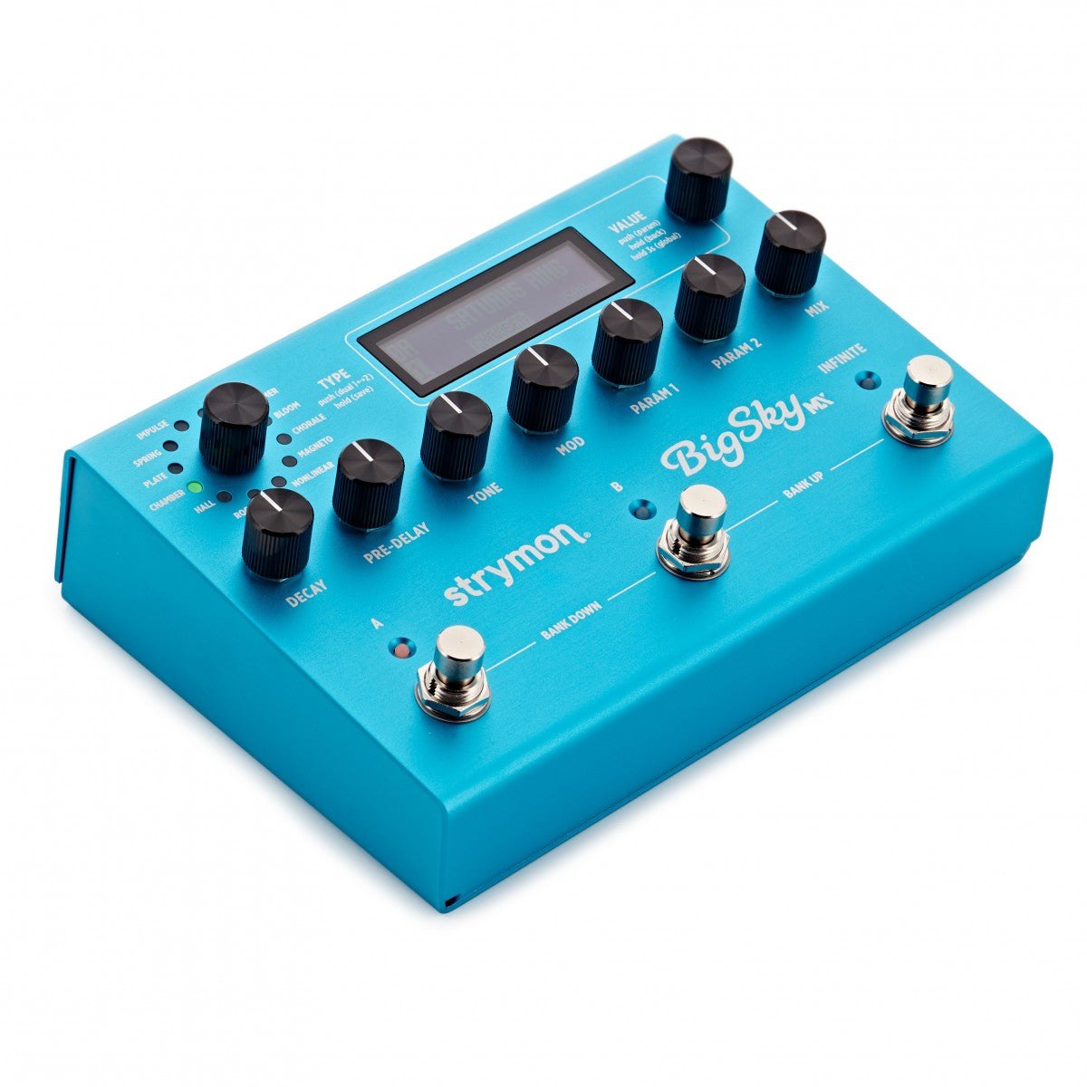 Phơ Reverb Strymon BigSky MX – góc nghiêng 3/4 nhìn từ phía trước bên trái