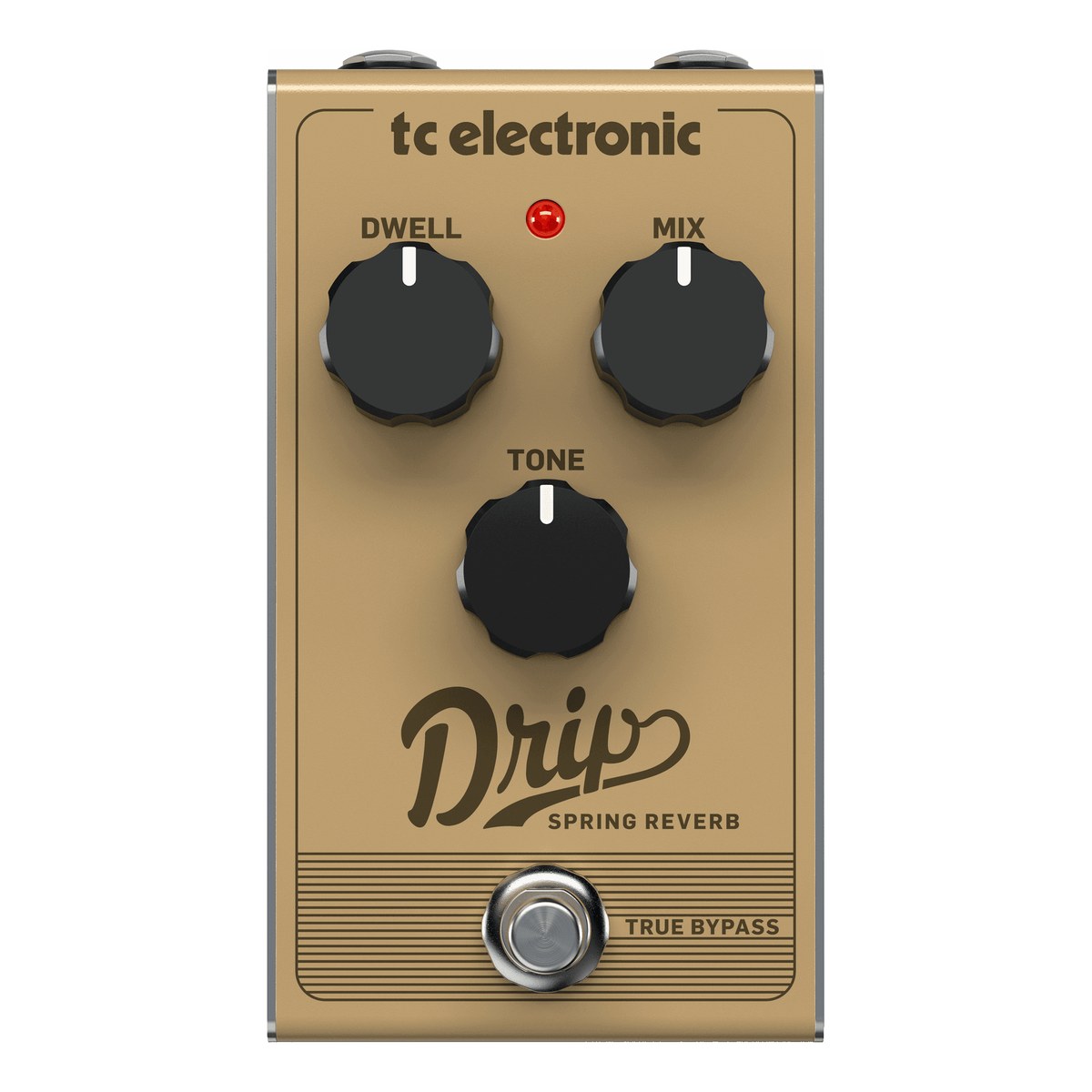 TC Electronic Drip Spring Reverb nhìn thẳng mặt trên: ba núm DWELL, MIX, TONE và footswitch true bypass
