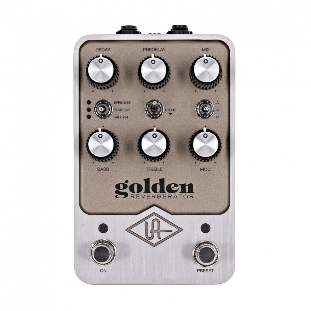 Phơ Reverb Universal Audio UAFX Golden Reverberator – mặt trên với 6 núm DECAY, PREDELAY, MIX, BASS, TREBLE, MOD