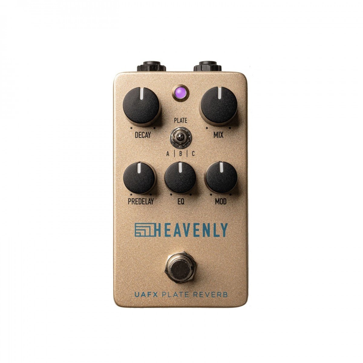 Phơ Reverb Universal Audio UAFX Heavenly Plate Reverb – mặt trên với núm DECAY, MIX, PREDELAY, EQ, MOD và gạt PLATE A|B|C