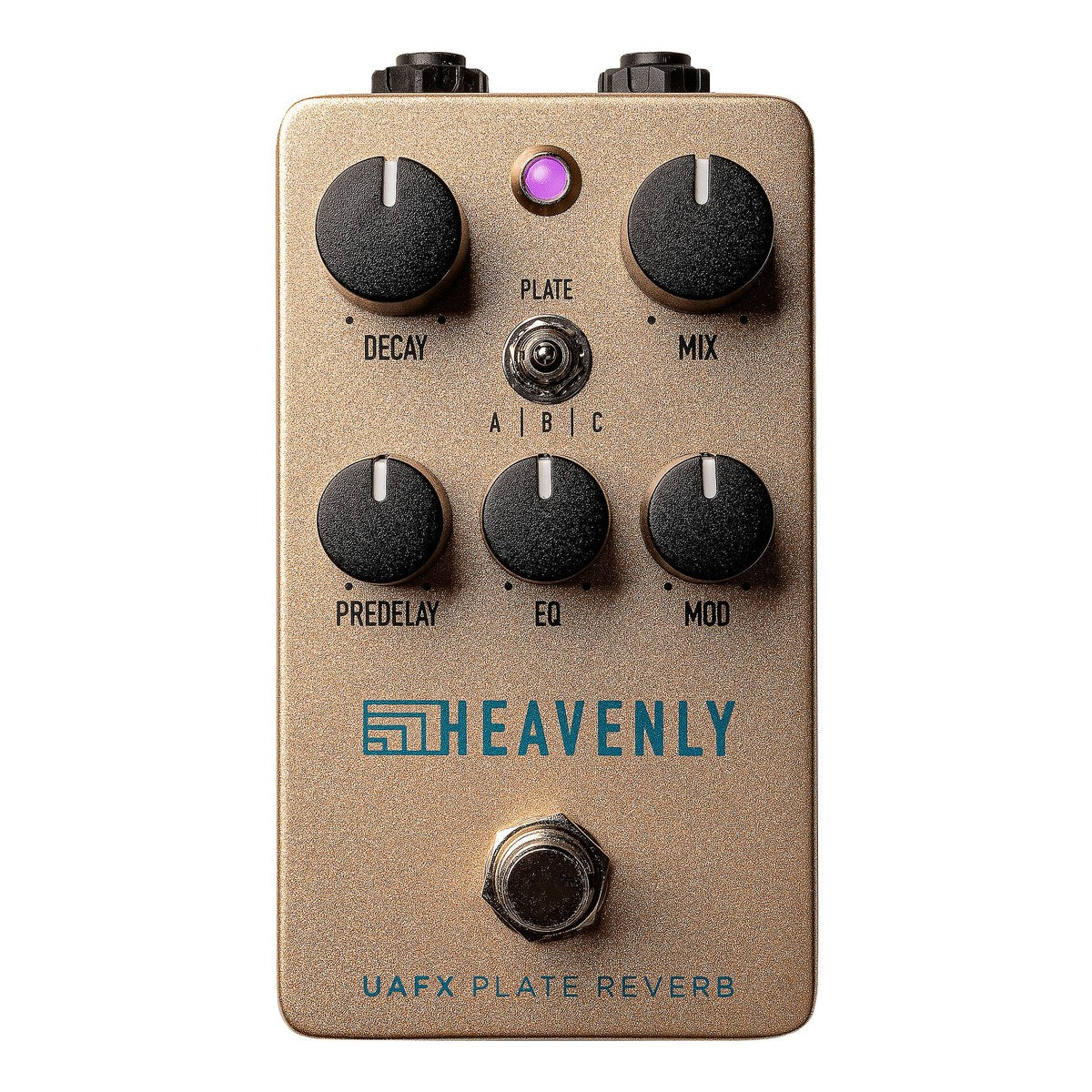 chính diện mặt trên Universal Audio UAFX Heavenly Plate Reverb vỏ vàng champagne, 5 núm DECAY, MIX, PREDELAY, EQ, MOD và gạt PLATE A/B/C