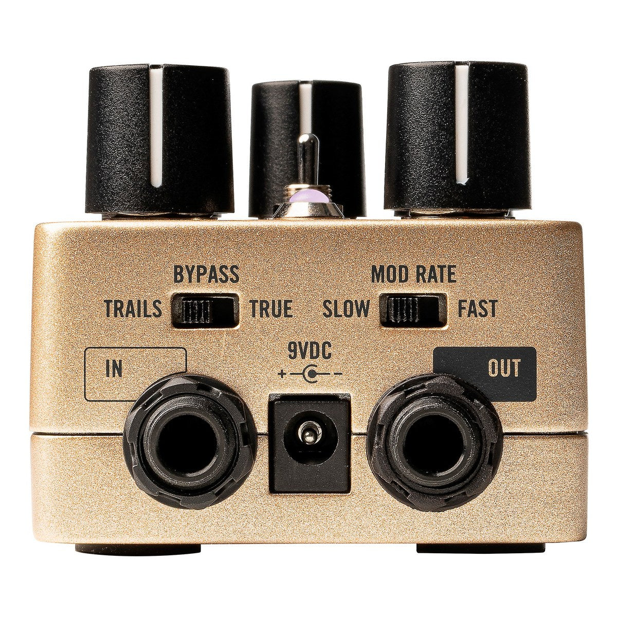 Phơ Reverb Universal Audio UAFX Heavenly Plate Reverb - mặt sau Heavenly Plate Reverb: jack IN, OUT, nguồn 9VDC, gạt BYPASS Trails/True và MOD RATE Slow/Fast