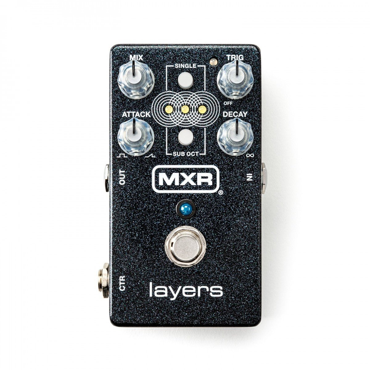 Phơ Sustain MXR M307 Layers – mặt trên với núm MIX, ATTACK, TRIG, DECAY và đèn chọn lớp