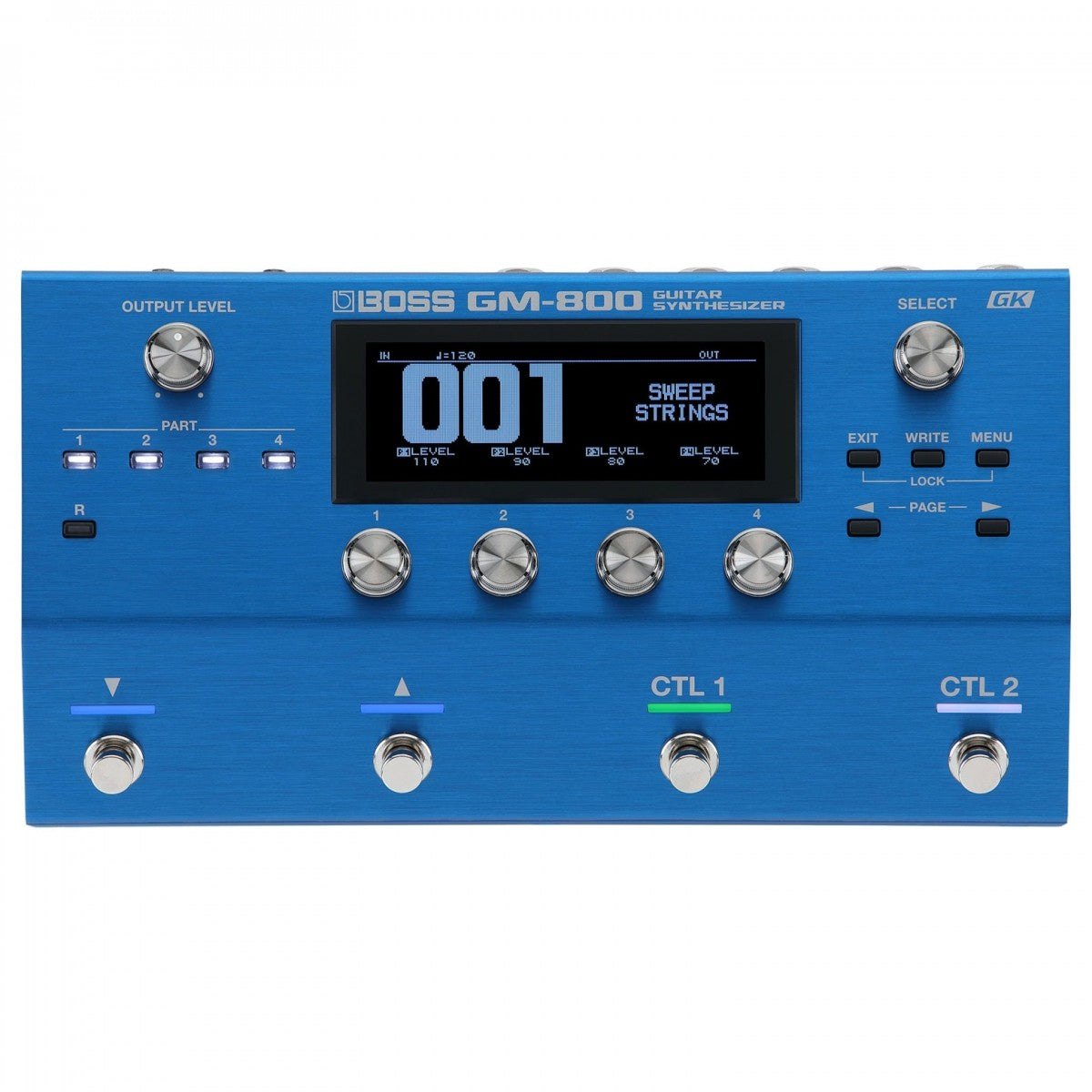 Phơ Synth BOSS GM-800 Guitar Synthesizer – mặt trên với màn hình, 4 núm chỉnh và 4 footswitch