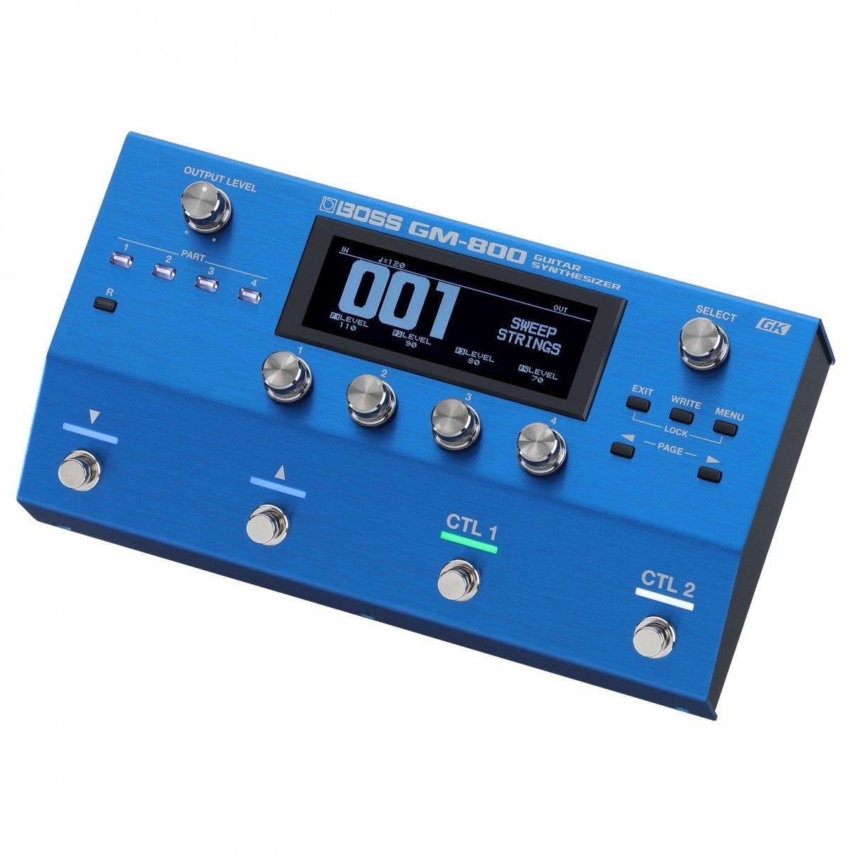 Phơ Synth BOSS GM-800 Guitar Synthesizer – góc nghiêng 3/4 với núm OUTPUT LEVEL, SELECT và footswitch CTL 1, CTL 2