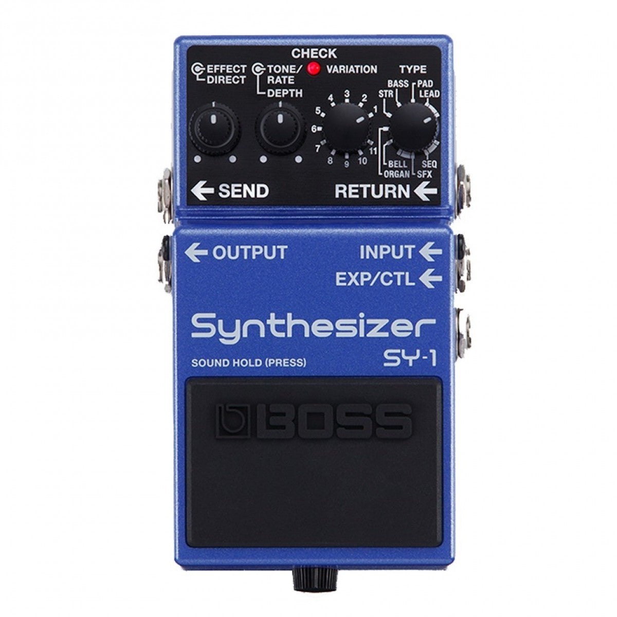 Phơ Synth BOSS SY-1 Synthesizer – mặt trên với núm VARIATION, TYPE, TONE/RATE và cổng SEND/RETURN
