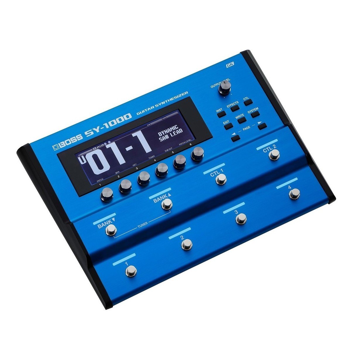 Phơ Synth BOSS SY-1000 Kèm Pickup Bass Roland GK-3B – góc nghiêng 3/4 với màn hình LCD và hàng footswitch