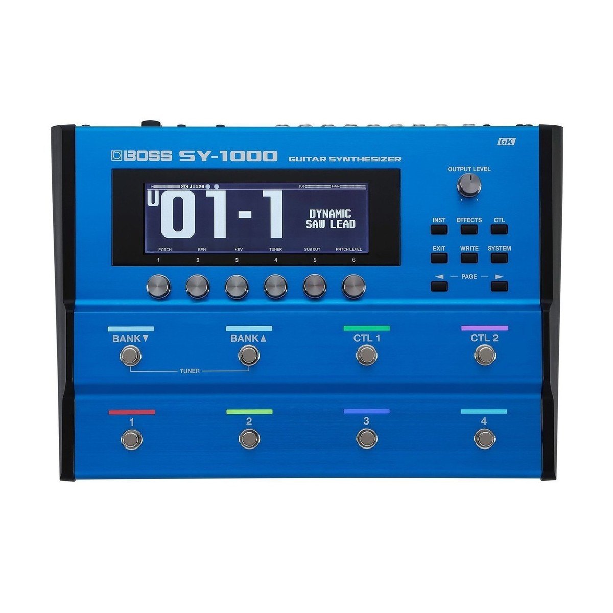 Phơ Synth BOSS SY-1000 Kèm Pickup Roland GK-3 – mặt trên SY-1000 với màn hình, núm OUTPUT LEVEL và 8 footswitch
